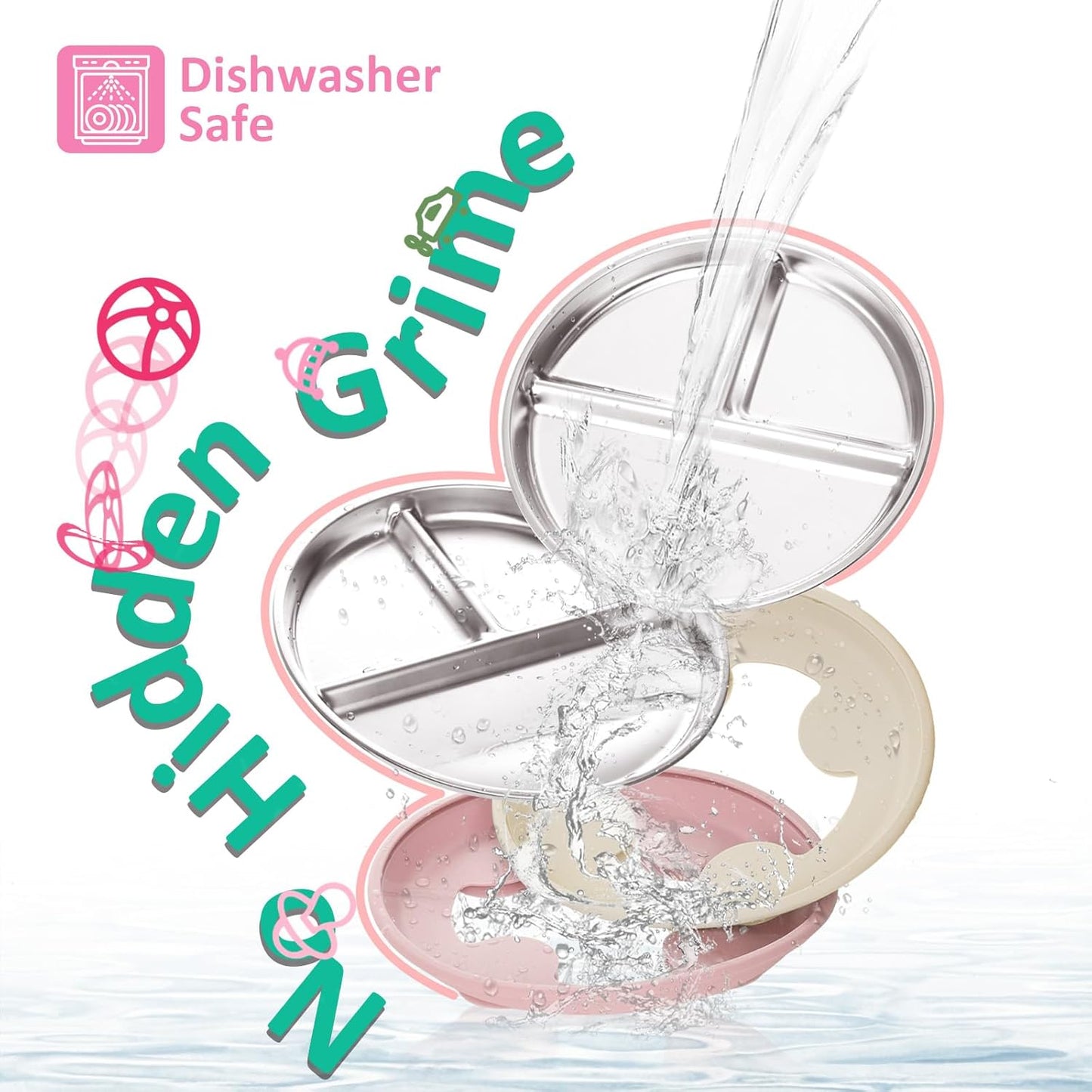 Stainless Steel Baby Plate with Suction, 9” Divided Toddler Plates with Removable Silicone Sleeves for Kids, Non-Toxic Non-Slip Unbreakable Dishwasher Safe Dinnerware Set of 2, Pink & Beige