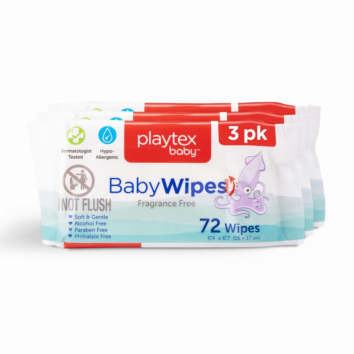 Playtex Baby Wipes, Fragrance Free, 72 Ct, 3-Pack, Dermatologist Tested Soft and Gentle Baby Face and Hand Wipes, pH Balanced, Hypoallergenic, Free of Alcohol, Parabens and Phthalates