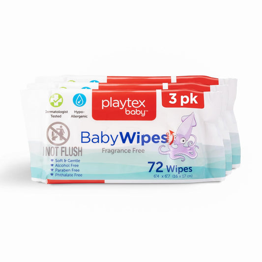 Playtex Baby Wipes, Fragrance Free, 72 Ct, 3-Pack, Dermatologist Tested Soft and Gentle Baby Face and Hand Wipes, pH Balanced, Hypoallergenic, Free of Alcohol, Parabens and Phthalates