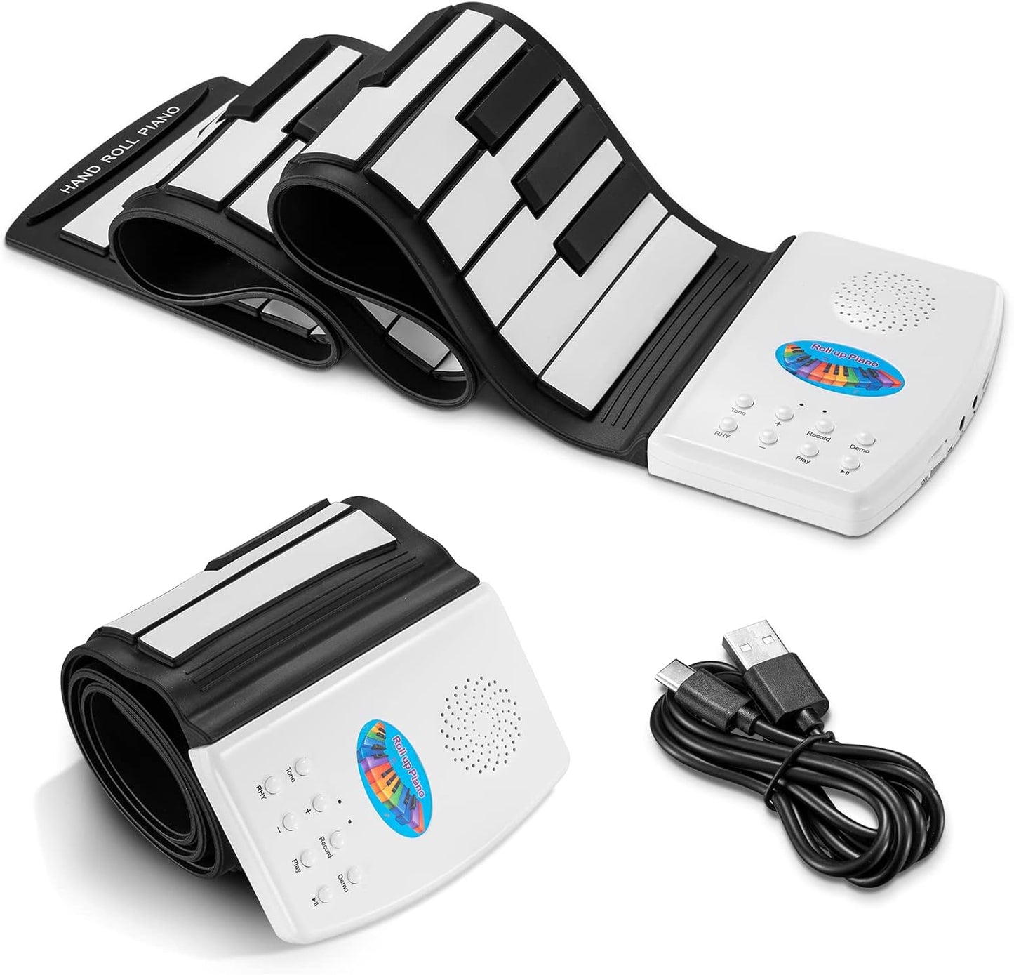 49 Key Roll Up Keyboard Piano, Portable Digital Electric Foldable Piano Keyboard, Rechargeable, 47 Tones, 14 Educational Demo Songs, for Beginners Gift (Black & White Key)