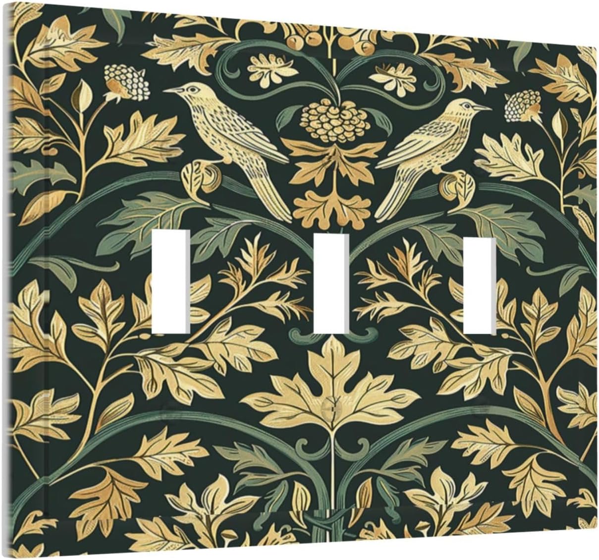 Decorative Switch Plates William Morris Vintage Botanical Birds Golden Green Leaves 3 Gang Wall Plate Triple Toggle Light Switch Cover Faceplate Electrical Wall Panels for Bedroom Home