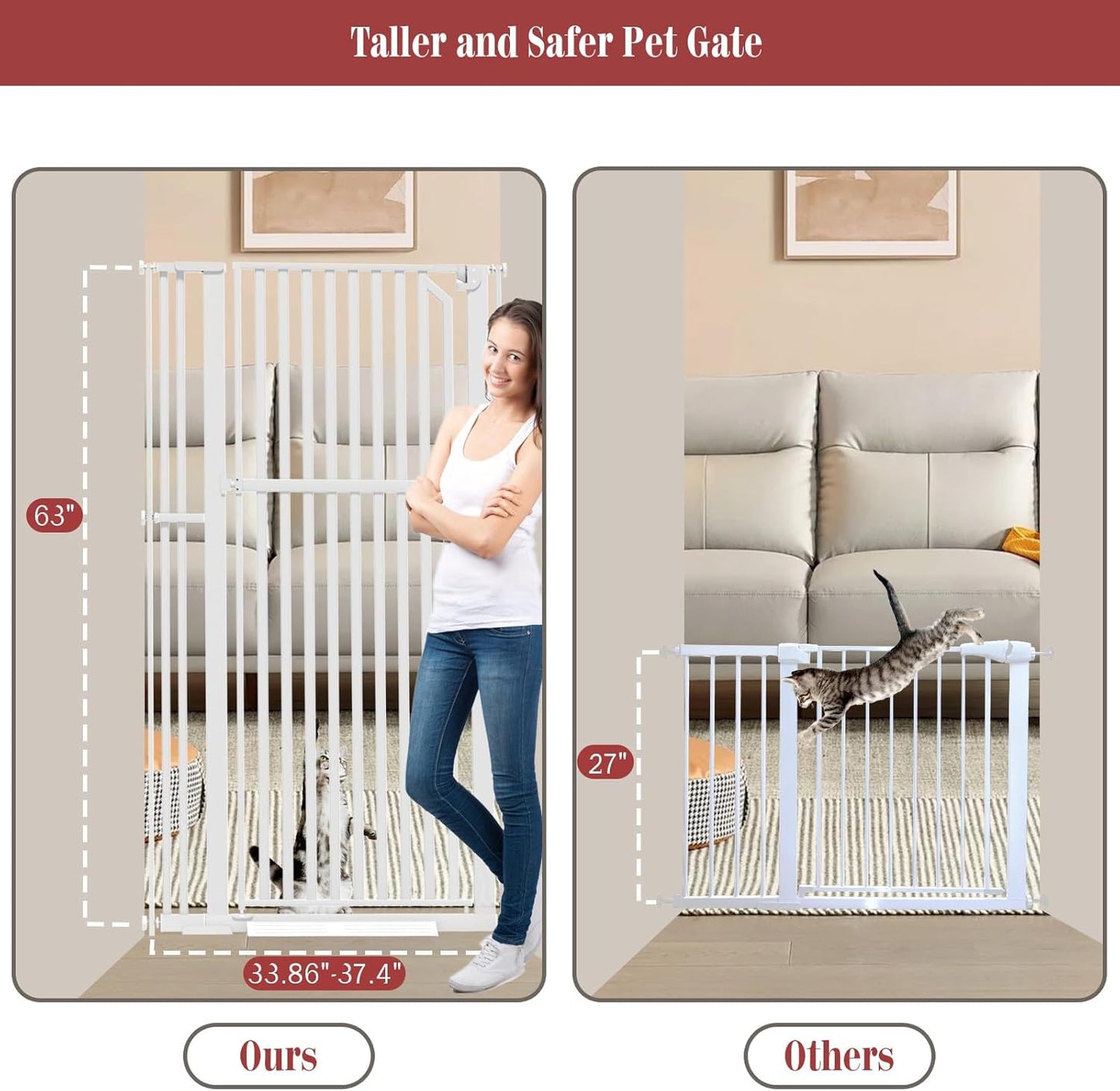 Glaf Extra Tall Pressure Mounted Pet Gate 63" With Cat Door - Adjustable Width 33.86-37.4" Metal Safety Gate for Dogs and Cats - Auto-Close for Doorways, Stairs, Kitchen, Hallway (White)