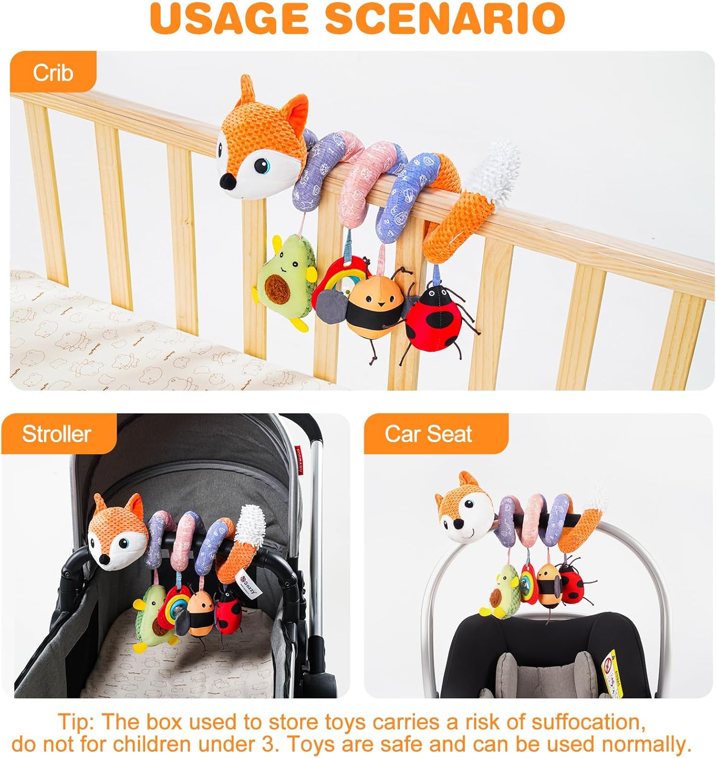 Jollybaby Baby Car Seat Stroller Toys, Plush Activity Hanging Spiral Activity Pram Crib with Music Box, Rattles, Squeaker for Babies Infant Boys Girls(Orange Fox)