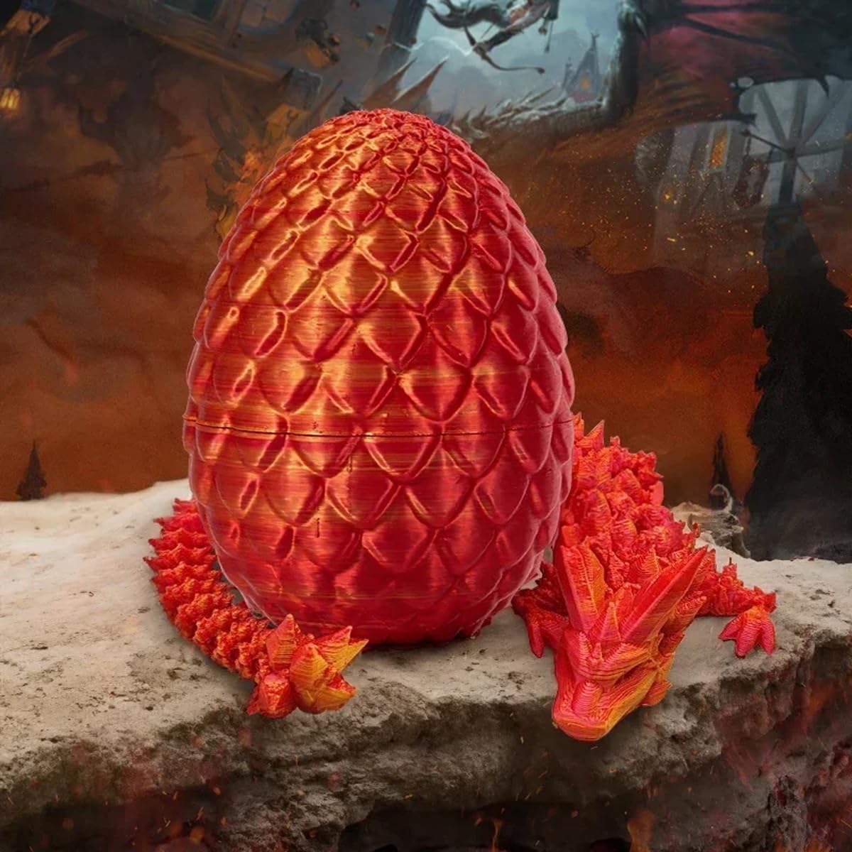 3D Printed Dragon in Egg, Full Articulated Dragon Crystal Dragon with Dragon Egg, Home Office Decor Executive Desk Toys, Adults Fidget Toys for Autism/ADHD (Laser Red, 12")