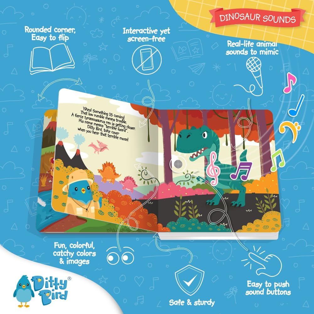 Ditty Bird Dinosaur Book for Toddlers | Realistic Dino Sound Book | Interactive T-Rex Board Books for Toddlers 1-3 | Sensory, Musical Books for Dino Lovers | Sturdy Nursery Rhyme Toys for Baby