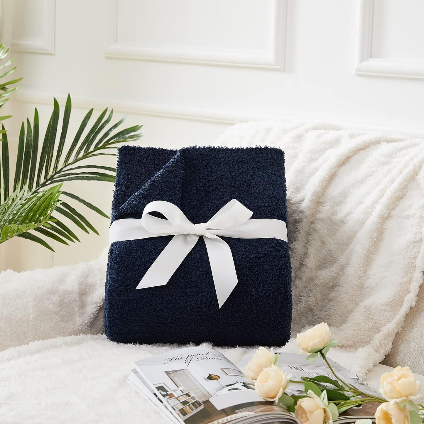 CYMULA Super Soft Knit Throw Blanket Twin Size Navy-Lightweight Plush Fuzzy Fluffy Warm Cozy Blankets and Throws for Sofa Bed All Season Use, 60x80 inches