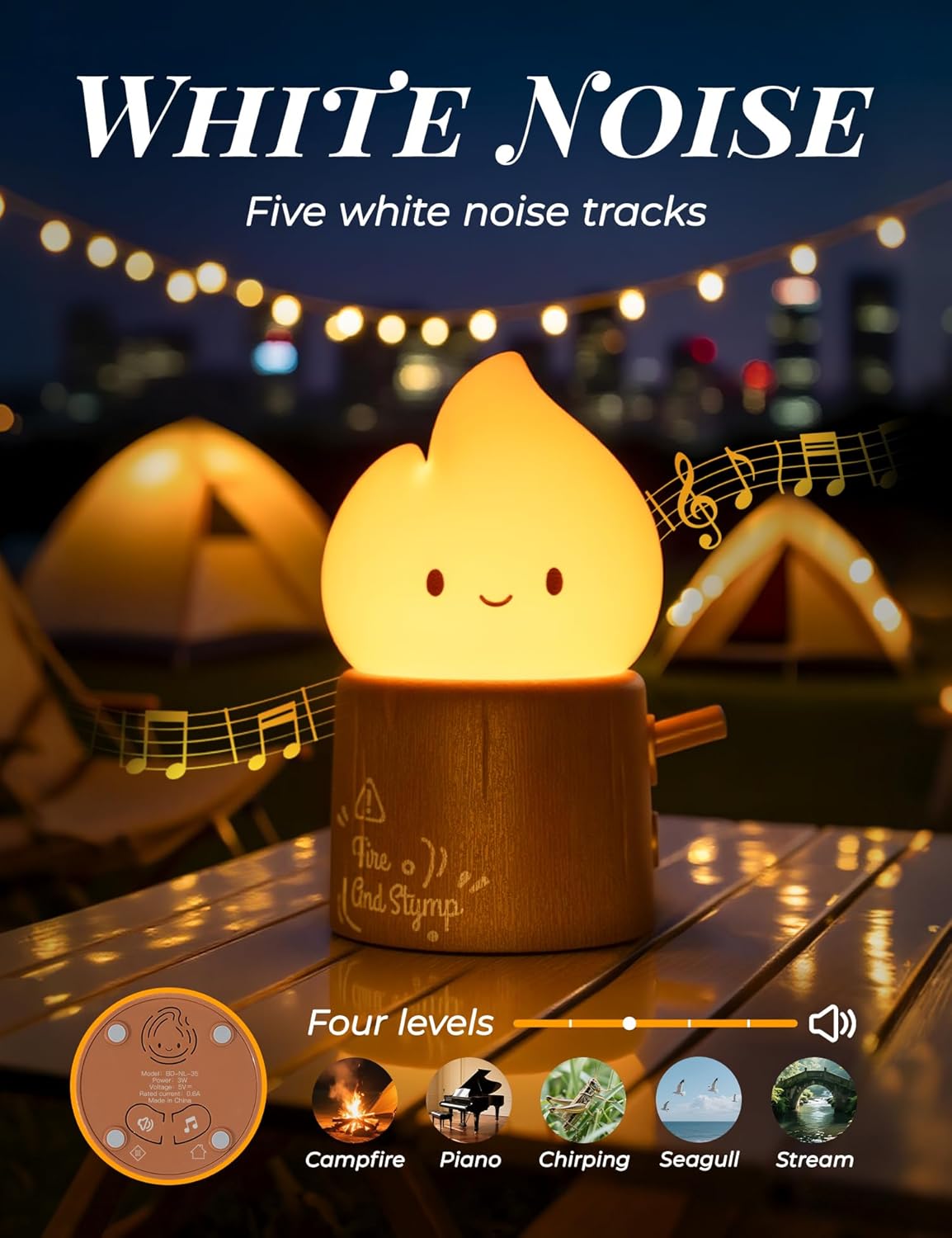 Torch Night Light with Sound Machine for Baby, 2 Modes Candlelight & Night Lamp, Sleep Aid White Noise Soother, Dimmable Warm Night Light for Baby Nursery, Toddler Kids Bedroom