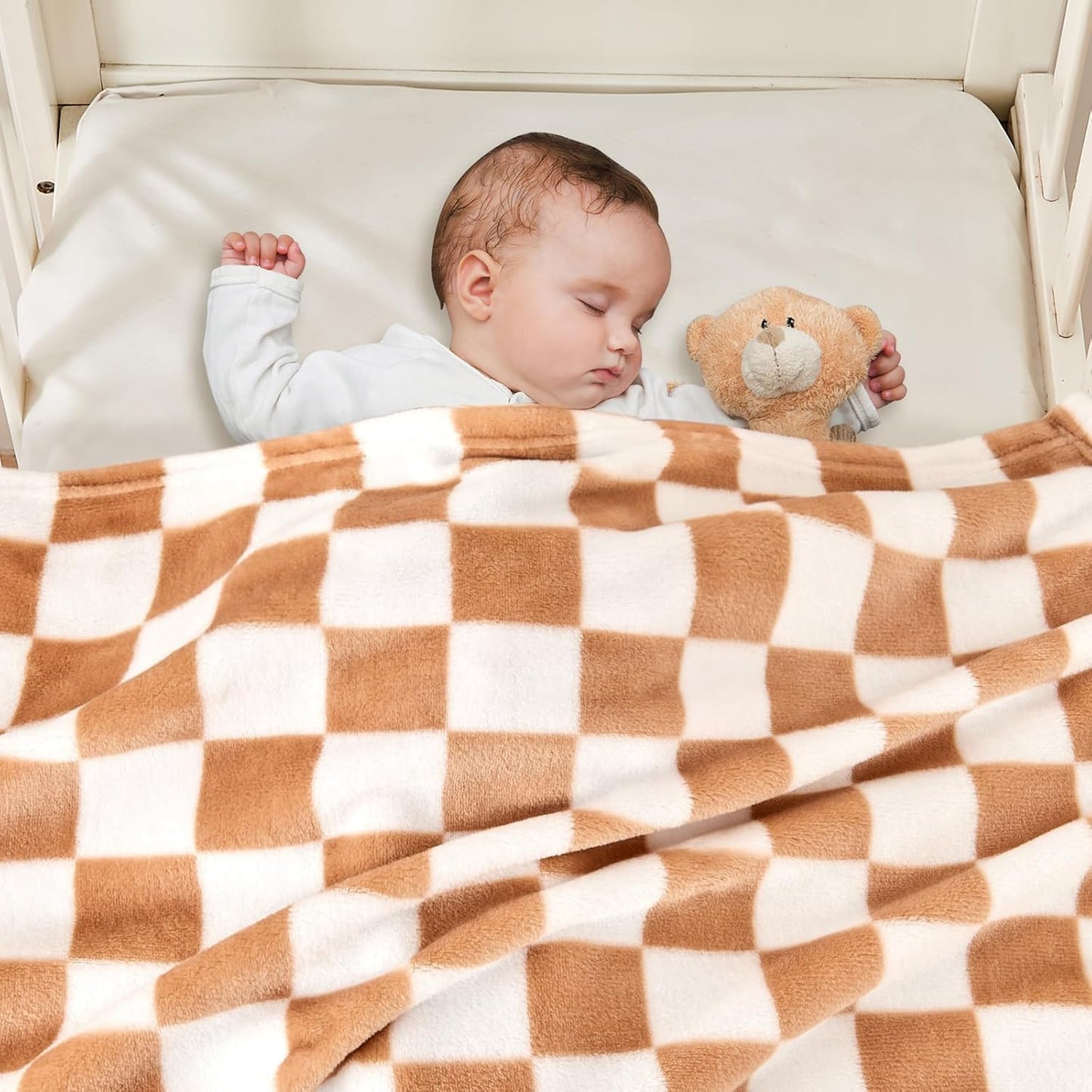 Yurhap Checkered Baby Blanket Fleece Baby Blankets Neutral for Boys Girls, Super Soft Warm Lightweight Infant Toddler Newborn Receiving Blankets for Crib Stroller, 30''x40'', Khaki