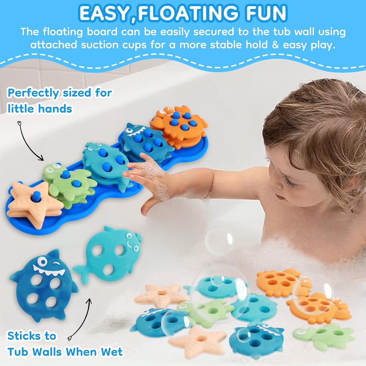 Baby Bath Toys, Mold Free Silcone Shape Sorting & Stacking Bath Toy Set with 10 Cute Floating Pieces, Color & Shape Sorter Toys for Toddler Early Learning Bathtub Fun