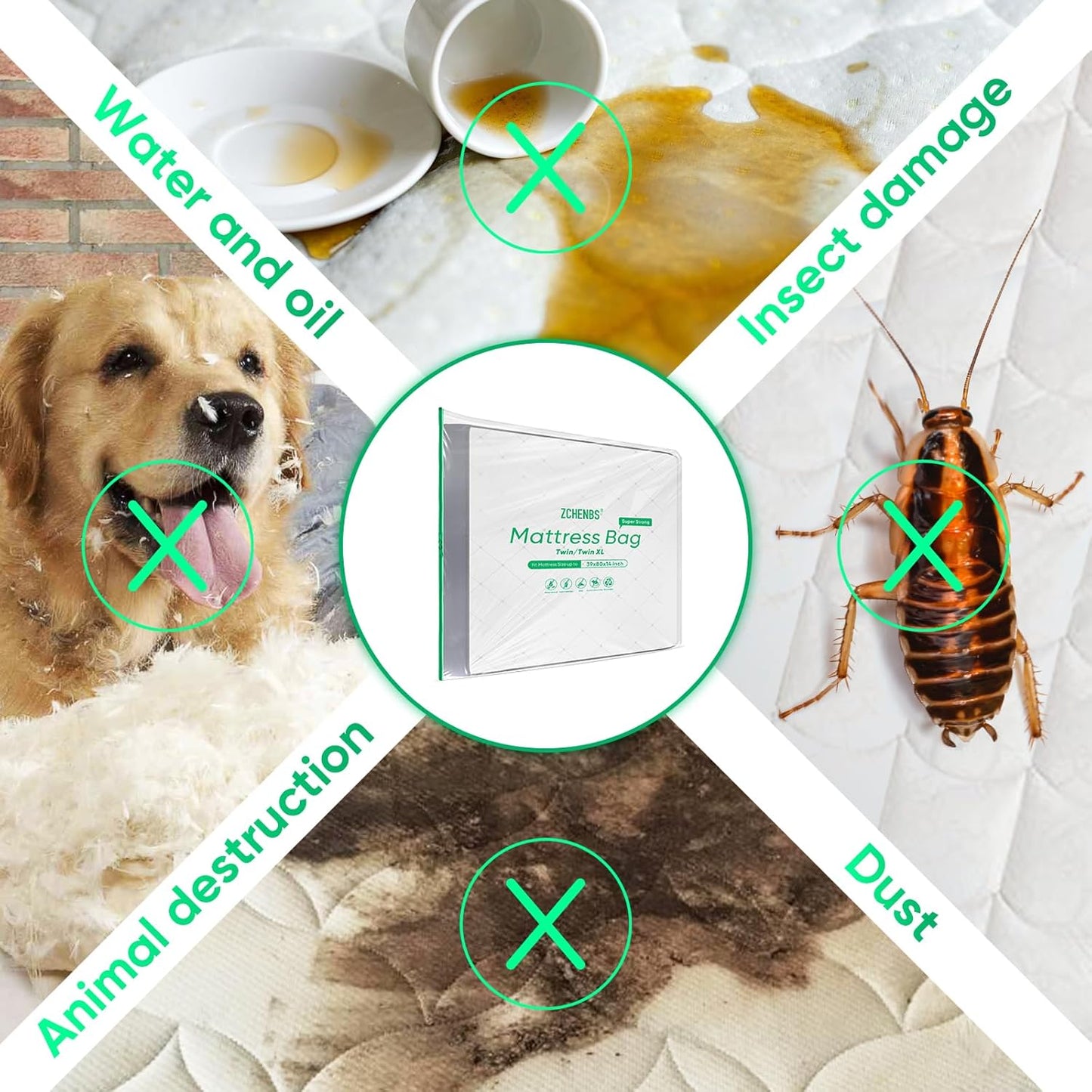 ZCHENBS® – Mattress Bags for Moving and Storage,Mattress Bag with Zippers,5 Mil Ultra-Thick Bed Bag,Waterproof,Anti-Tear,Heavy-Duty Mattress bag (Tansparent/Green, Green-Twin/Twin XL-(1 Pack))