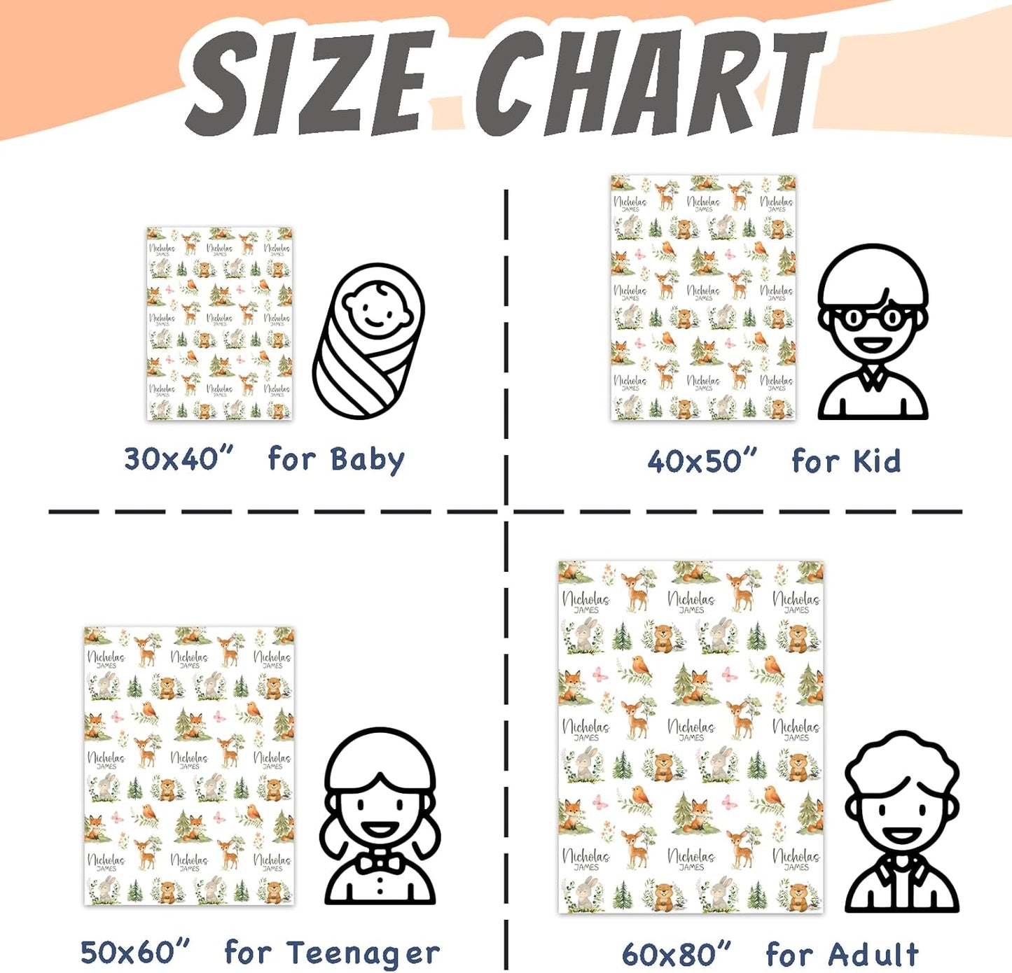 Personalized Baby Blanket for Boys Girls Super Soft Cozy Custom Baby Blanket with Name Lovely Woodland Animal Design Bed Throw for Toddler Newborn 30 x 40 Inch Customized Baby Gifts