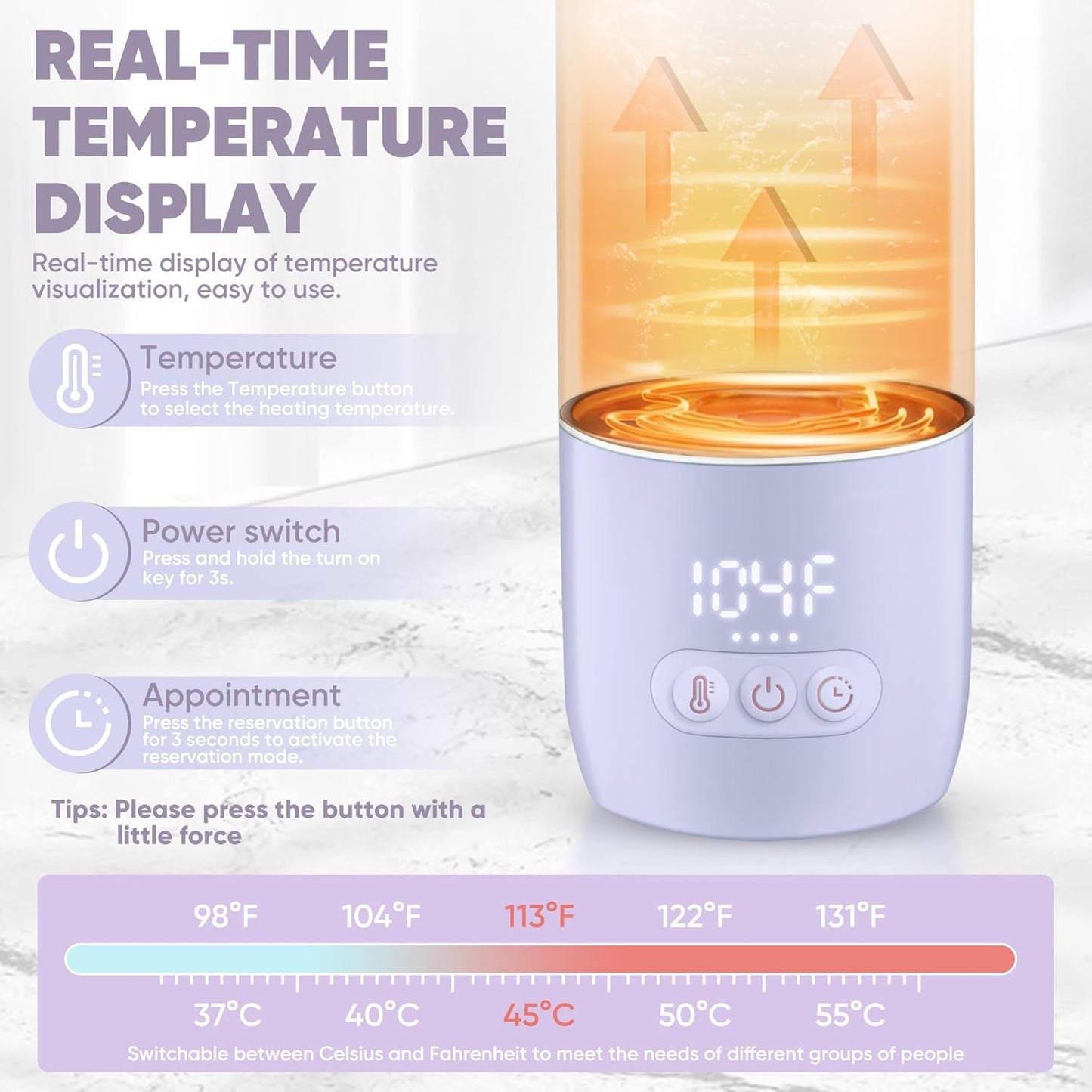 Portable Bottle Warmer for Travel,Portable Milk Warmer for Baby-12oz Ceramic Heater Heating,Fast Charging & Cordless Portable Baby Bottle Warmer -Dual Heating Modes for Breast Milk & Water,Purple