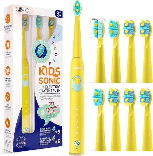 SEAGO Kids Electric Toothbrush, Rechargeable Sonic Soft Bristle Toothbrushes with 8 Brush Heads, DIY Stickers and 5 Modes, Ideal for Kids and Children, Ages 3–12,SG2303(Yellow)
