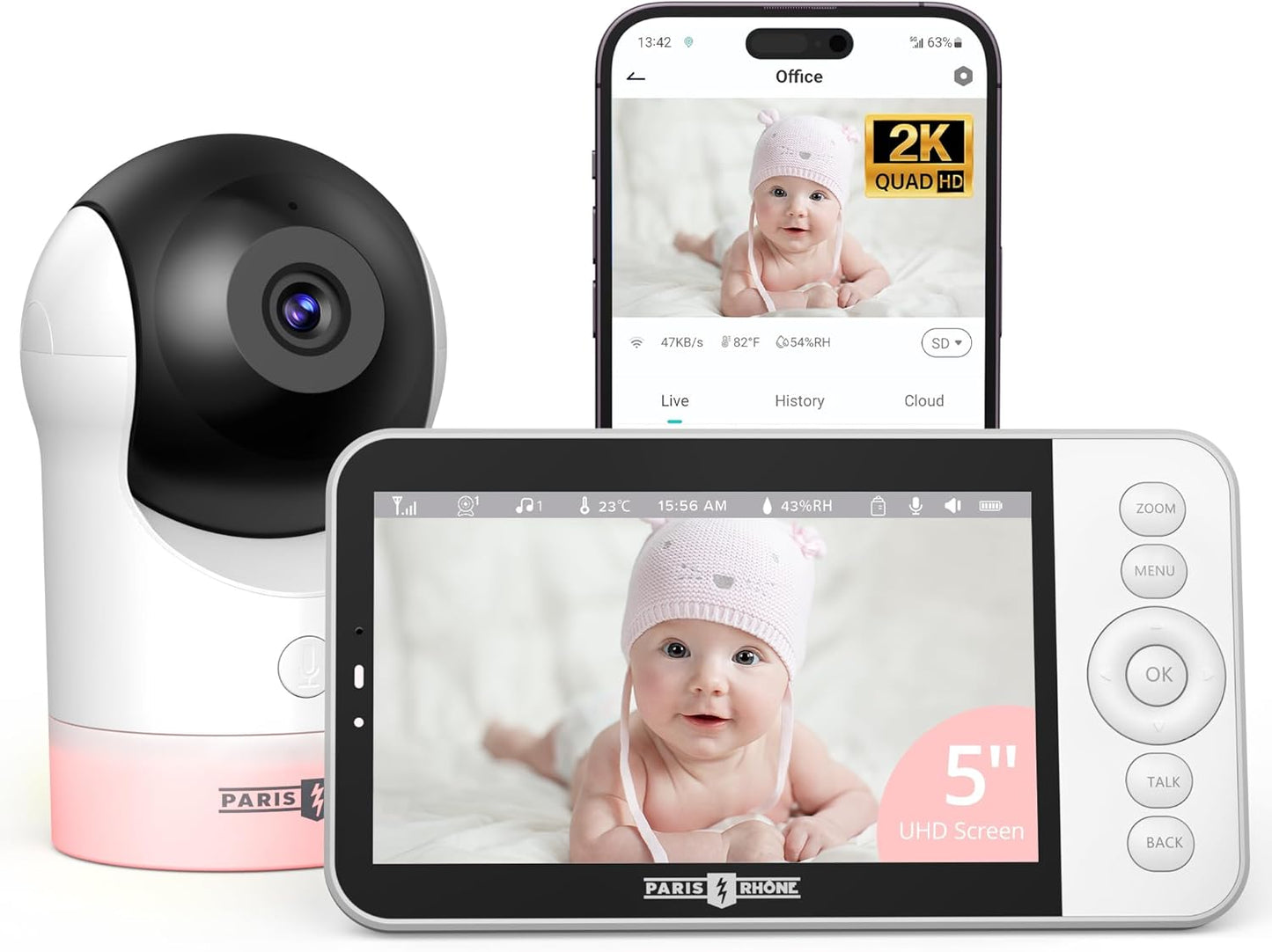 PARIS RHÔNE Video Baby Monitor, 2K UHD WiFi Camera, Night Vision, 5” Smart Baby Monitor with App Control, Motion and Cry Detection, AI Tracking, Three-Way Audio, RGB Night Light, Lullabies