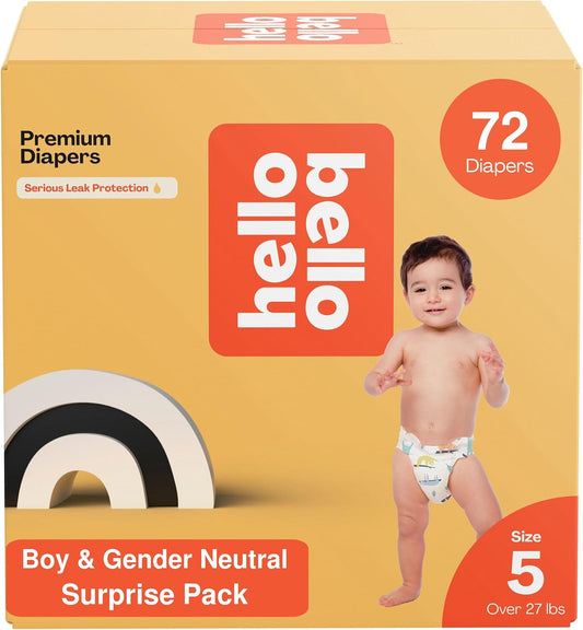 Hello Bello Premium Diapers, Size 5 (27+ lbs) Surprise Pack for Boys - 72 Count, Hypoallergenic with Soft, Cloth-Like Feel - Assorted Boy & Gender Neutral Patterns