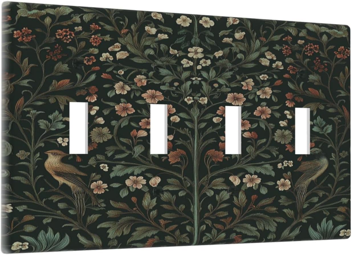 Light Switch Covers Vintage Morris Colorful Flower Green Leaf Quad Toggle Electrical Faceplate 4 Gang Wall Plate Decorative Switch Plates For Bed Room Living Room Decor
