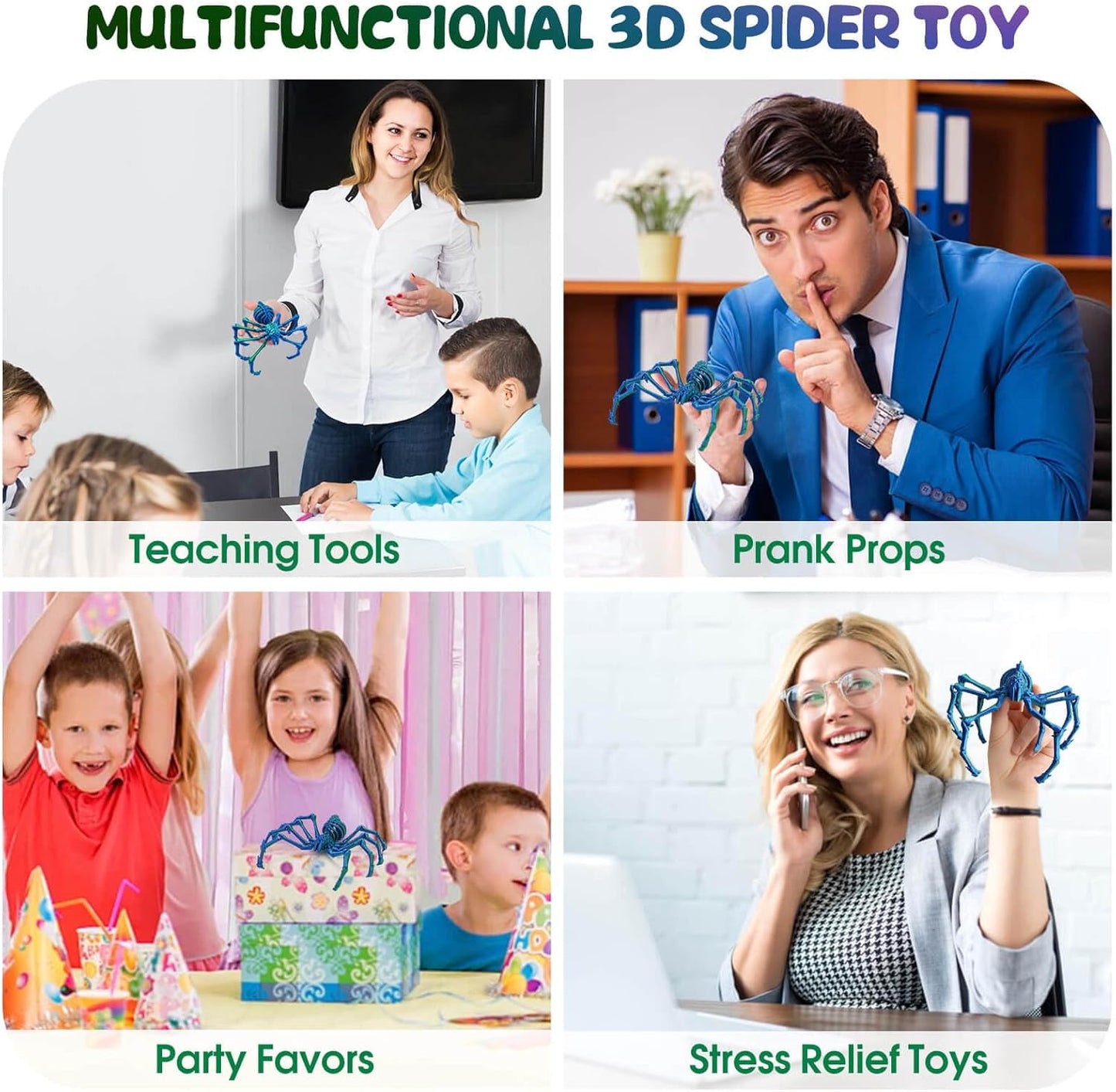 3D Printed Spider Fidget Toys, 1 Pack Articulated Fake Spider Figures Party Favors for Birthday Halloween Christmas, Stress Relief Desk Toys for Classroom Office Home (Laser-green)