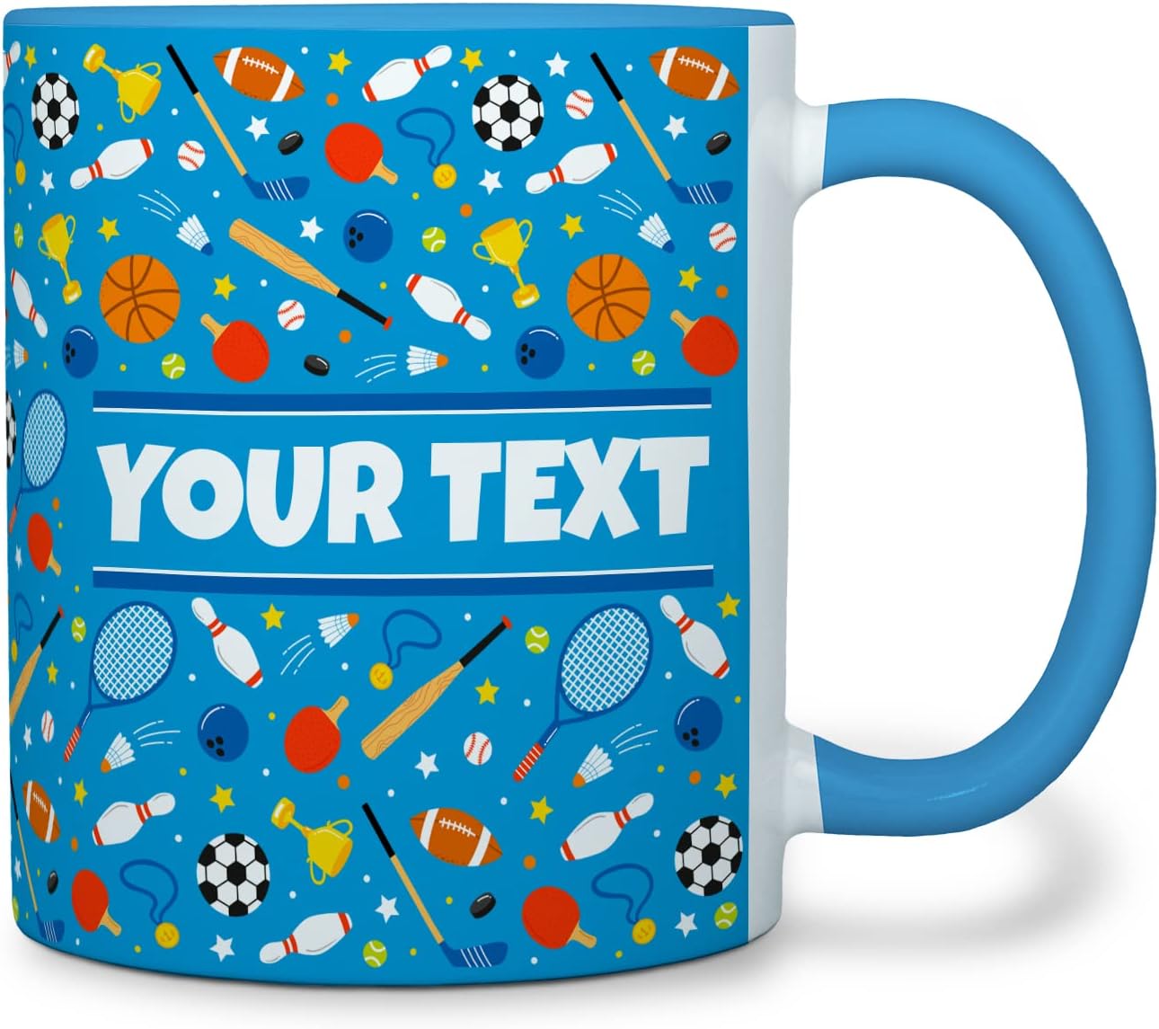 Personalized Mug for Kids - Sports - Custom Name/Text, Ceramic Hot Chocolate/Cocoa/Coffee Cup for Boys/Girls, Birthday/Christmas/Holiday Gift - 11 oz, Light Blue Handle