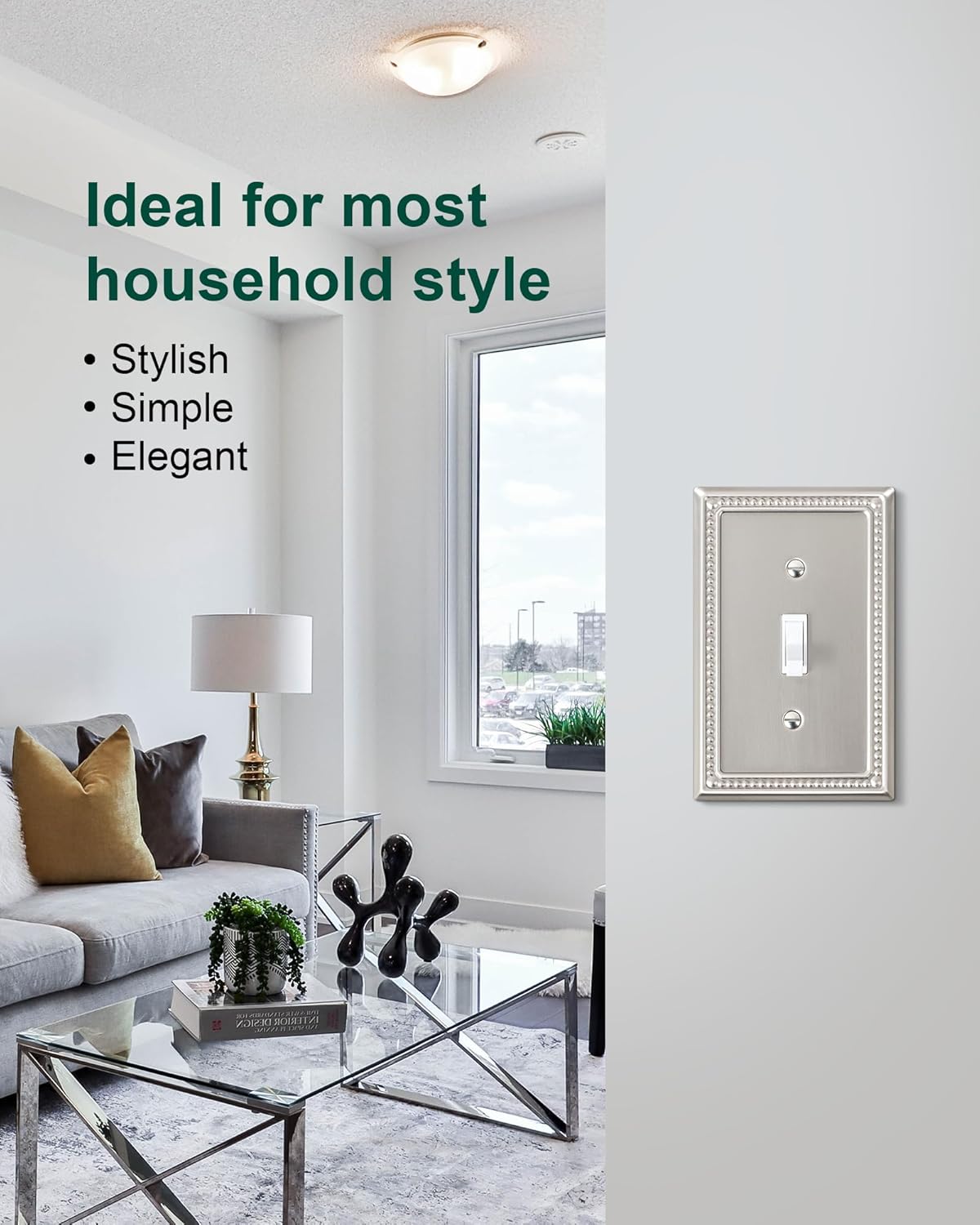 6-Pack Single Toggle Light Switch Cover Plate, Pearls Decorative Switch Plate Covers, Brushed Nickel 1 Gang Metal Wall Plate