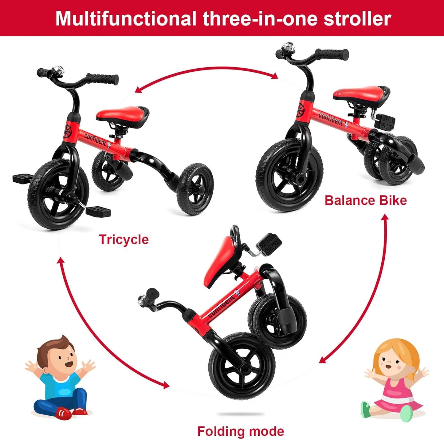 Ancaixin 3 in 1 Toddler Tricycles for 2-5 Years Old Boys and Girls with Detachable Pedal and Bell | Foldable Baby Balance Bike Riding Toys for Kids | Infant Birthday New Year Red