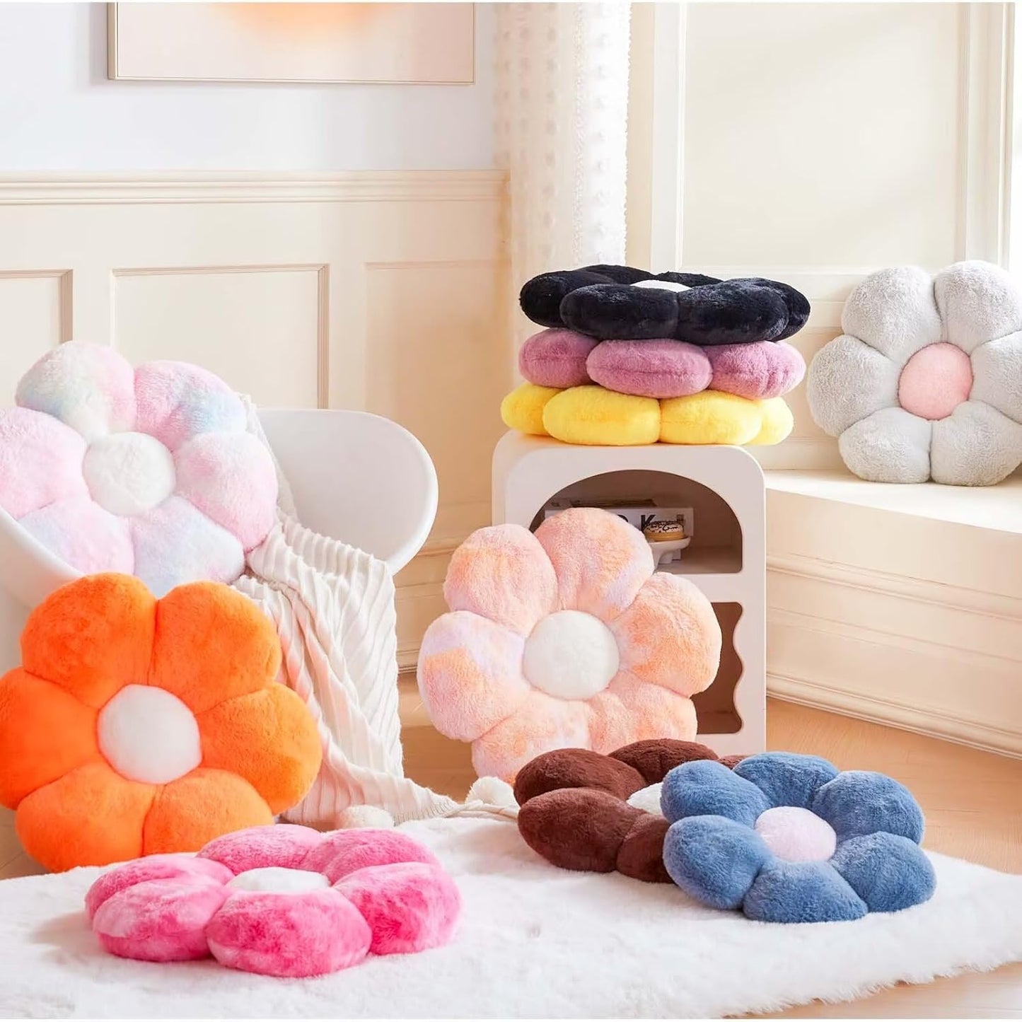 Dusty Purple Flower Pillow, Cute Decorative Flower Shaped Throw Pillow with Faux Rabbit Fur, 14.9" Soft Flower Plush Throw Pillow Floor Pillows Room Décor for Bedroom Living Room