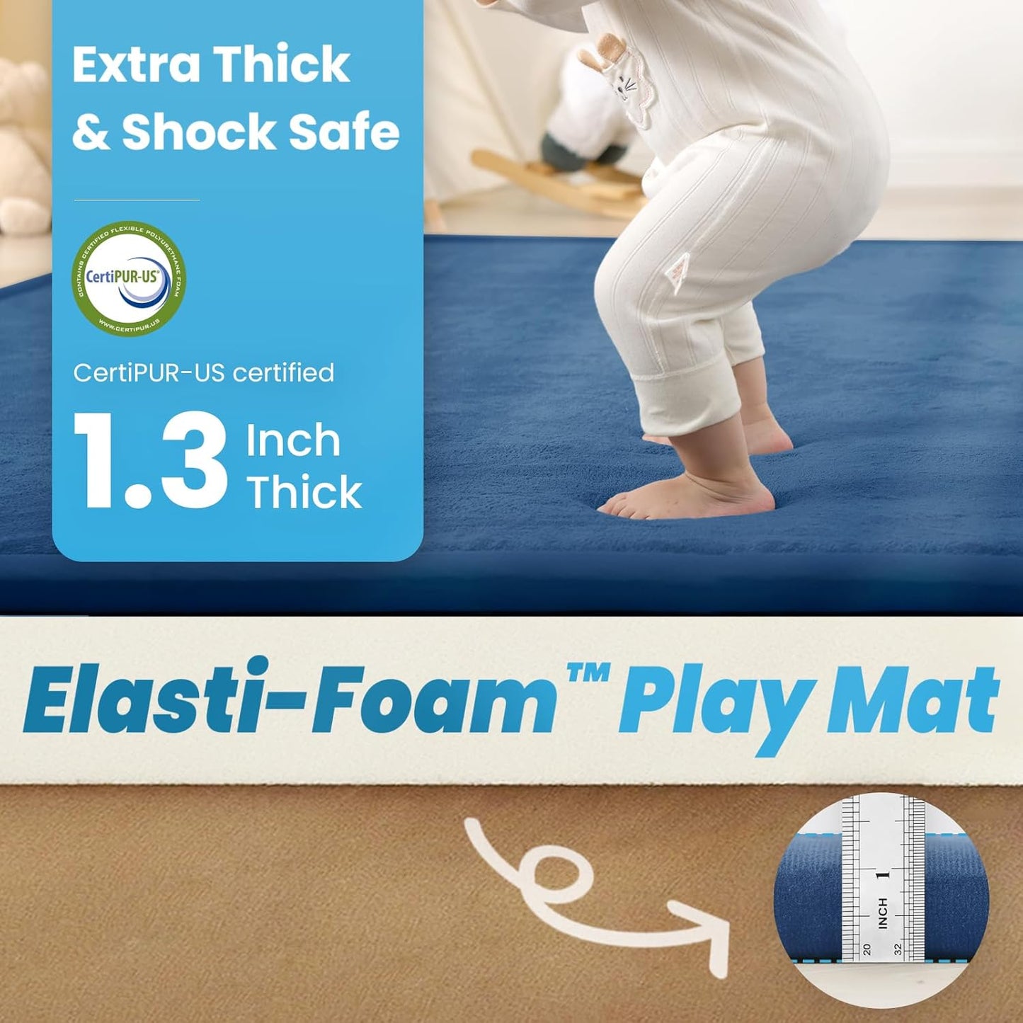 Ultra Soft Baby Play Mat,1.3" Thick Elasti-Foam 59"×71" Playpen Mat for Infants,Toddlers,Kids,Water-Repellent Coral Fleece Nursery Rug,Non-Slip Safe for Tummy Time&Crawling(Royal Blue)