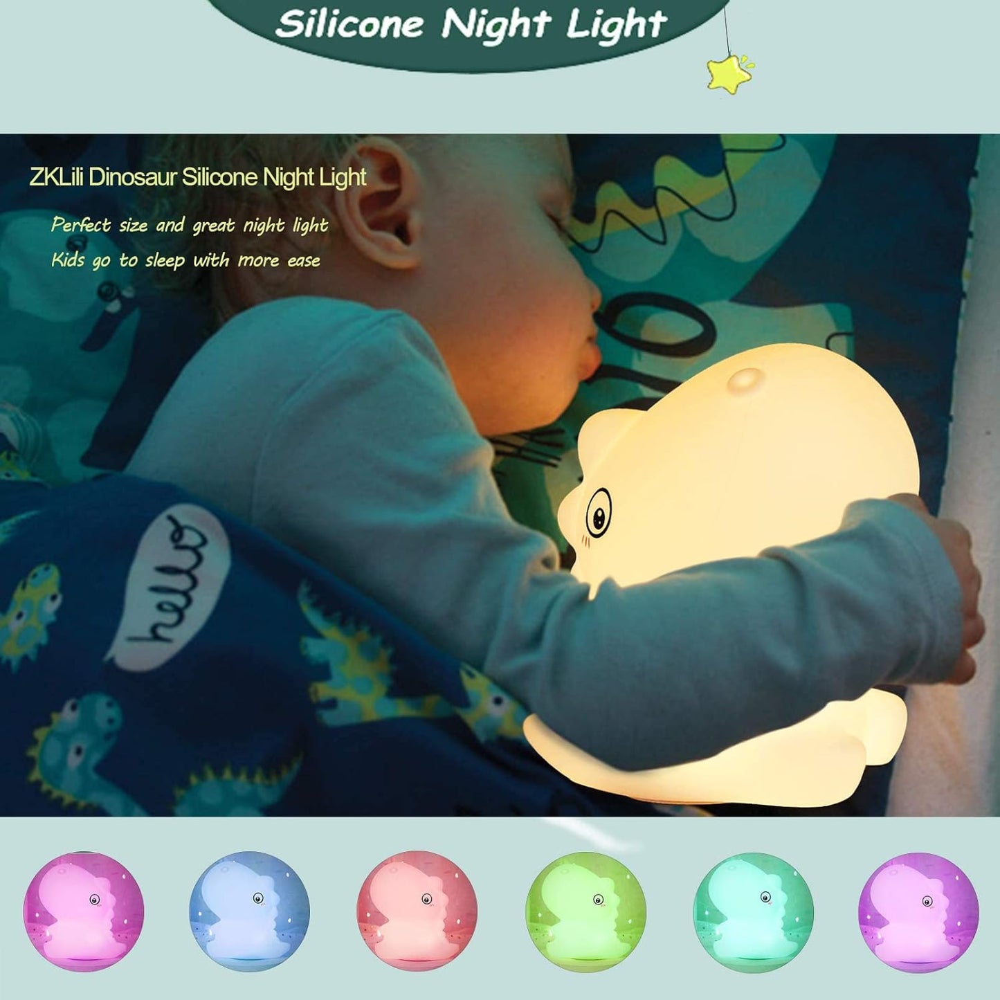ZKLiLi Night Light, Cute Silicone Dinosaur Night Light with Brightness, 7 Colors Kawaii Touch Lamp for Bedroom, Girls and Boys, Gifts, Rechargeable