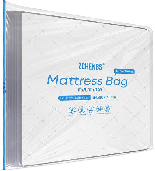 ZCHENBS® – Mattress Bags for Moving and Storage,Mattress Bag with Zippers,5 Mil Ultra-Thick Bed Bag,Waterproof,Anti-Tear,Heavy-Duty Mattress bag (Transaparent/Blue, Full/Full XL-(1 Pack))