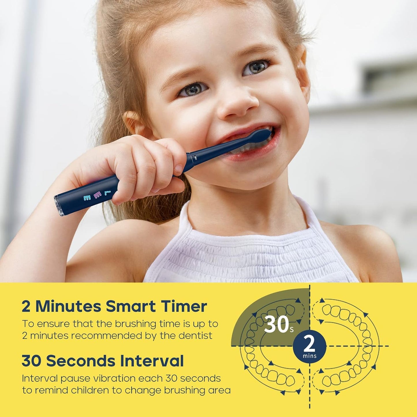 SEAGO Kids Electric Toothbrush, Rechargeable Sonic Soft Bristle Toothbrushes with 8 Brush Heads, DIY Stickers and 5 Modes, Ideal for Kids and Children, Ages 3–12，SG2303(Navy)