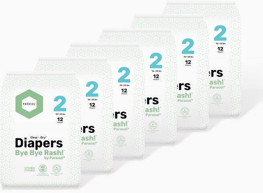 PARASOL Clear+Dry Disposable Diapers | RashShield Protection, Leakproof Design, Hypoallergenic Diaper Set | Size 2 (10-18 lbs.) 72 Count