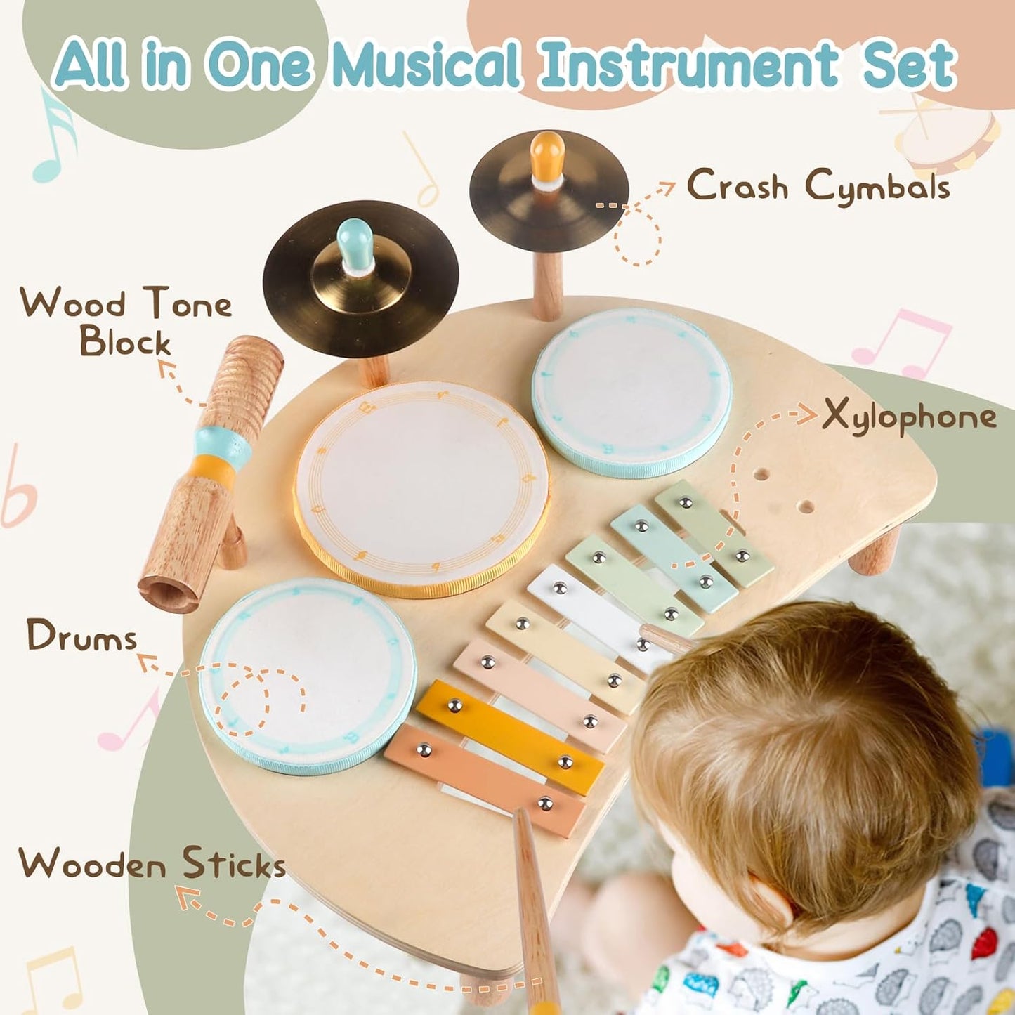 Kids Drum Set, Montessori Musical Instruments for Toddlers 1-3, Wooden Musical Toys for Baby 12-18 Months, Preschool Educational Xylophone Drum Kit, Birthday Gift for Boys Girls Ages 3+
