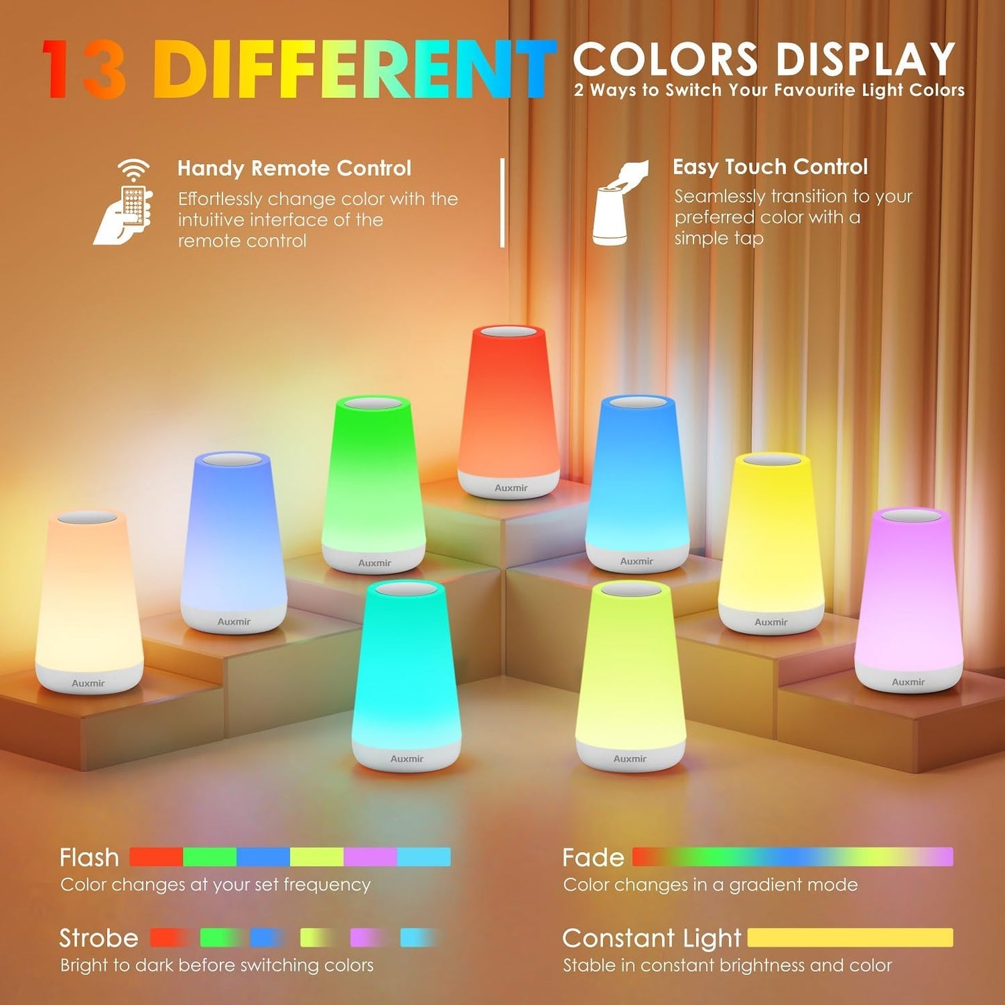 Night Light, Dimmable Touch Lamp for Bedroom, Portable Rechargeable Bedside Table Lamp for Baby Nursery, 13 RGB Colors & 5 Brightness, Night Lights for Bedroom Living Room Bathroom Hallways
