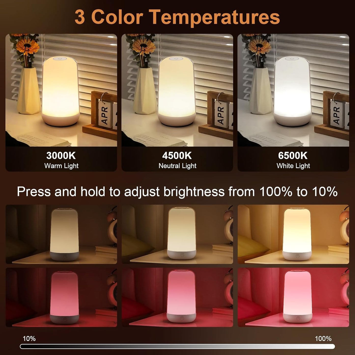 FRIDEKO HOME RGB Touch Bedside Lamp for Nightstand, 3 Color Temperatures Portable Rechargeable Cordless Night Light, Dimmable Mood Lighting for Bedroom, Living Room, Nursery, Breastfeeding, Kid, Adult