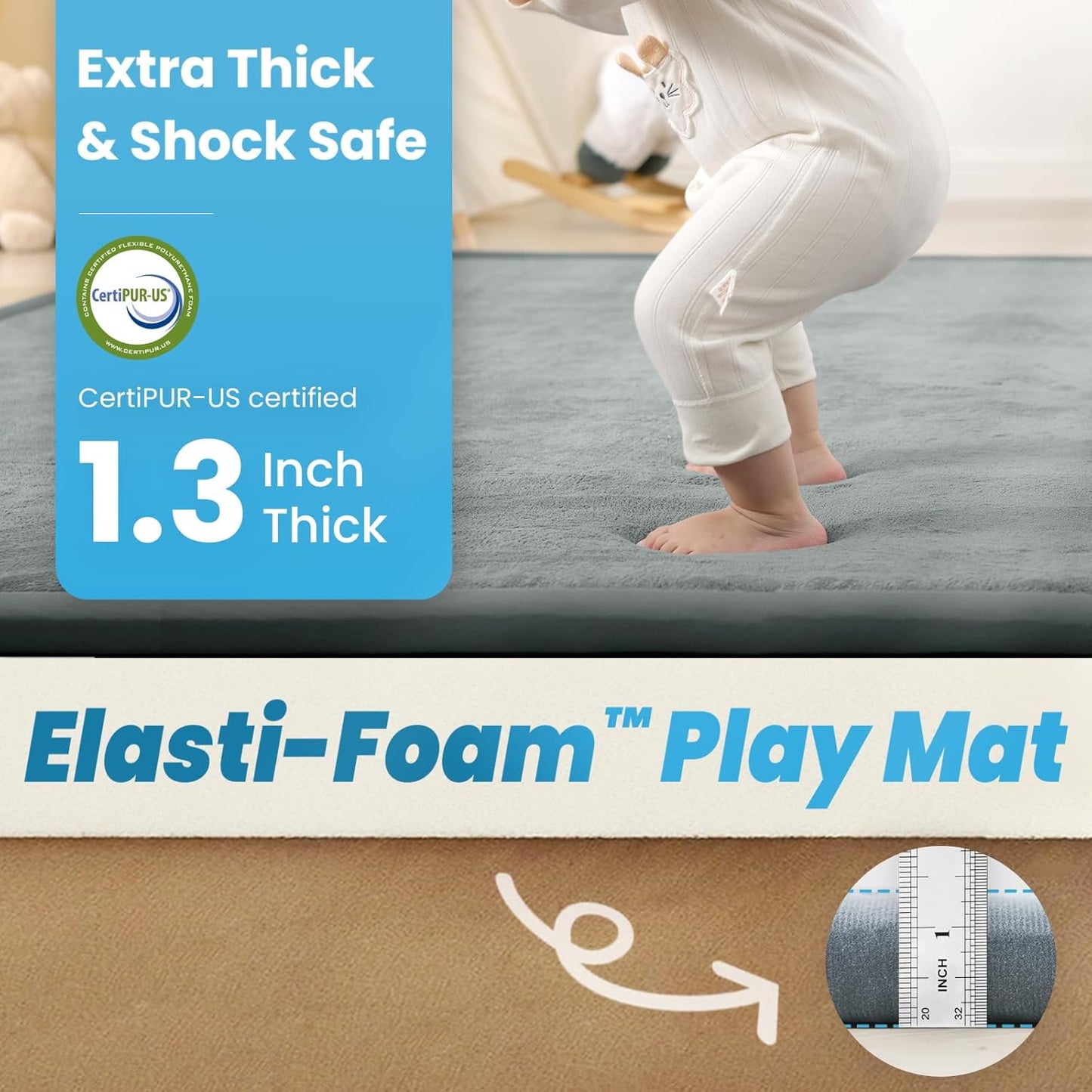 Ultra Soft Baby Play Mat,1.3" Thick Elasti-Foam Tummy Time Mat for Infants,Toddlers,Kids,Water-Repellent Coral Fleece Nursery Rug,Non-Slip Safe for Crawling&Hardwood Floors(Light Grey)