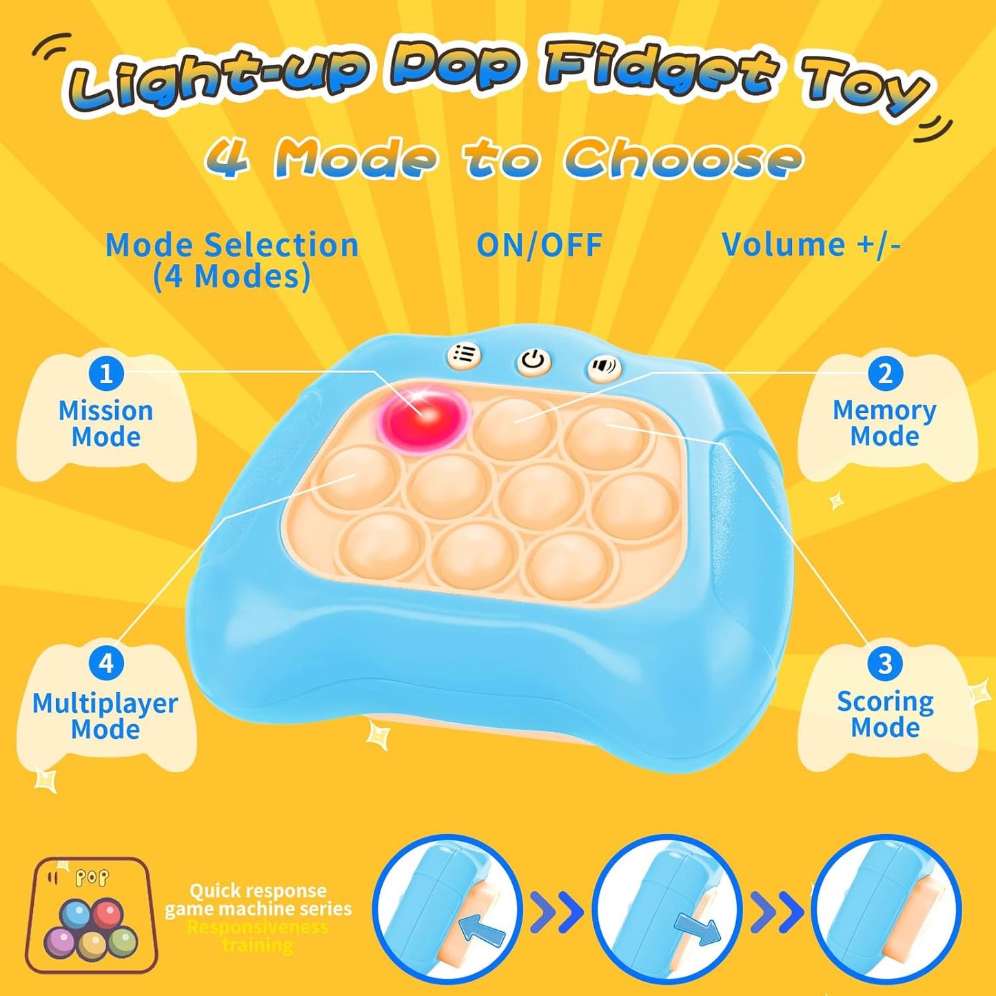 Fast Push Bubble Game, Light-up Pop Game Fidget Toys for Kids and Adults, Electronic Handheld Quick Push Bubble Game, Stress Relief Toys for 6 7 8 9+ Year Old Boys & Girls (Blue)