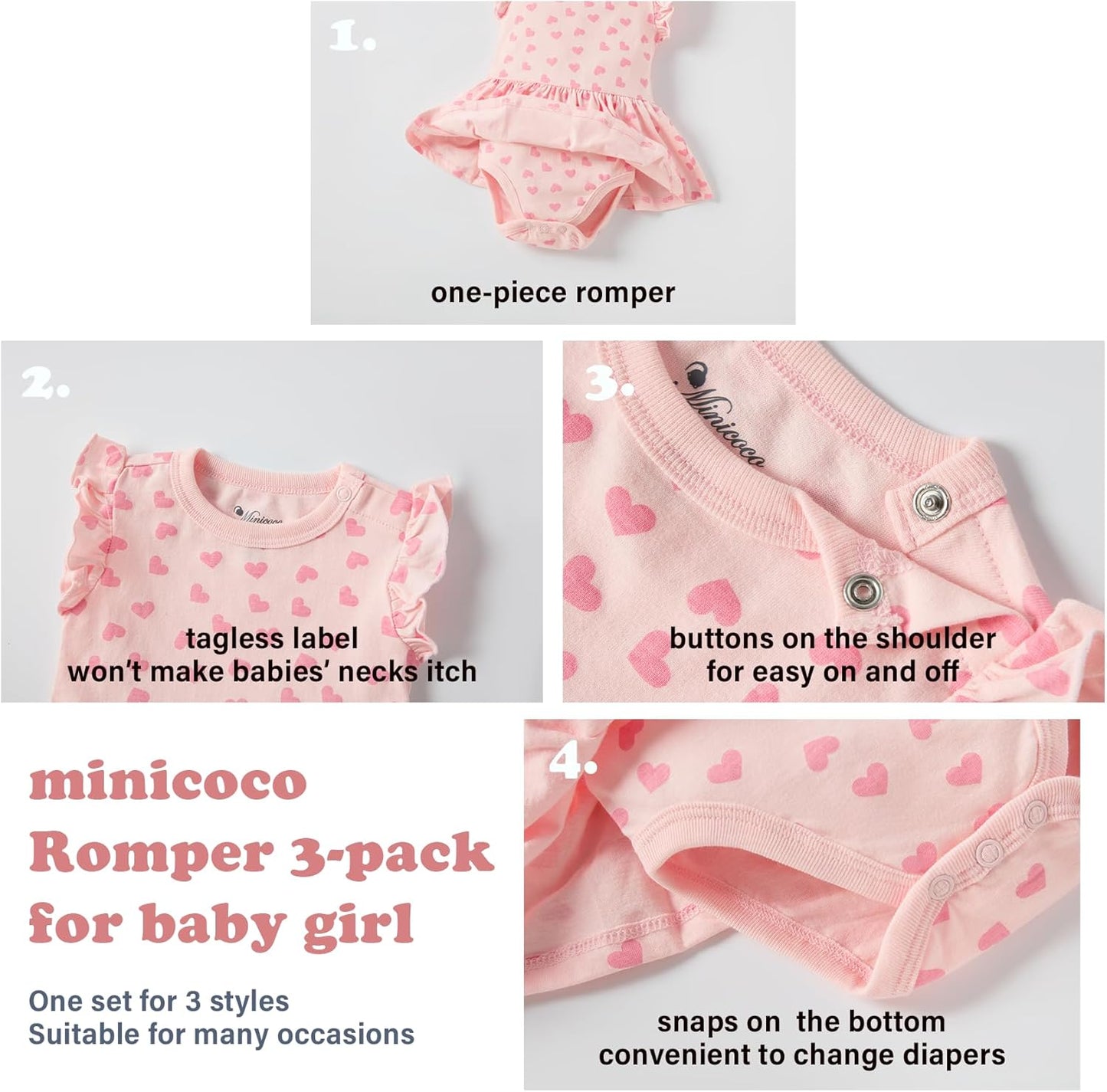 3-pack 100% Cotton Baby Girl Rompers, 0-24 months Ruffle Sleeve Toddler Romper Summer Clothes Set
