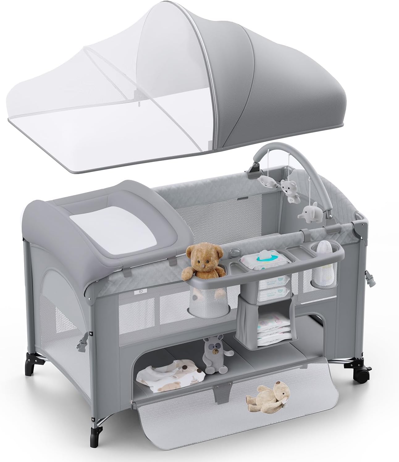 4 in 1 Baby Bassinet, Pack and Play, Bedside Crib Sleeper, Diaper Changer - Comes with Mattress, Mosquito Net，Bottom Storage and Toy Bar for Newborn to Toddles