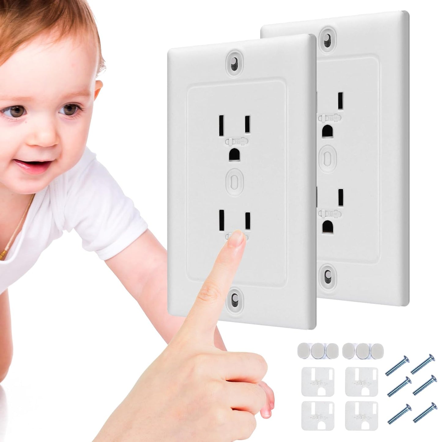 Nearockle 2 Pack Self-Closing Outlet Covers, 2024 Upgraded Built-in Hidden Slider & No-Pull-Out Wall Plug Covers Fit All Screw Outlets, Child Safety Baby Proofing (White)