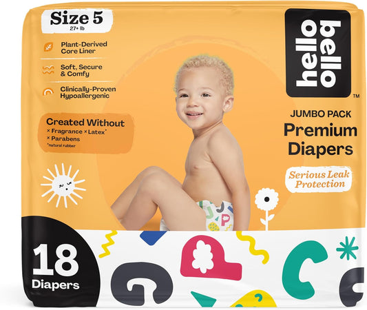Hello Bello Premium Baby Diapers Size 5, 18 Count of Disposable, Extra-Absorbent, Hypoallergenic Baby Diapers with Snug and Comfort Fit, Alphabet Soup