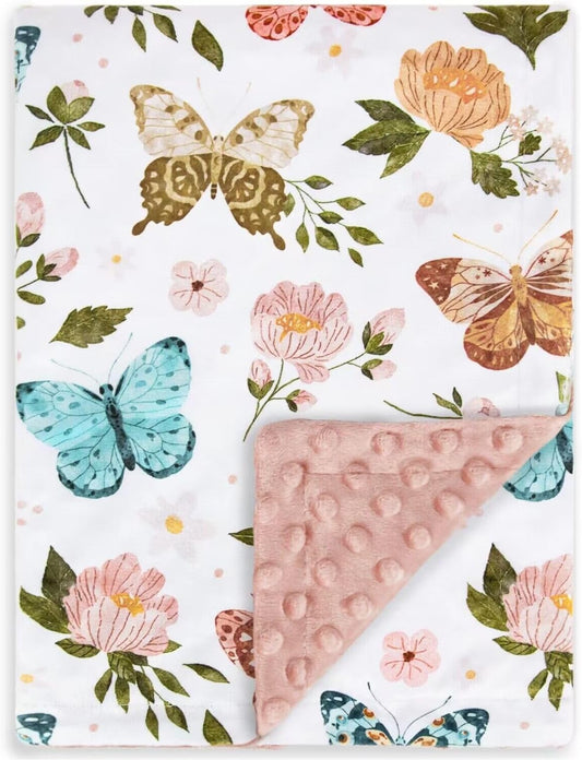 HOMRITAR Floral Baby Blanket for Girls Soft Comfy Minky Toddler Blanket with Double Layer Dotted Backing, Beauty Butterfly Printed Bed Blankets for Nursery Crib Decor 30 x 40 Inch (75 x 100 cm)