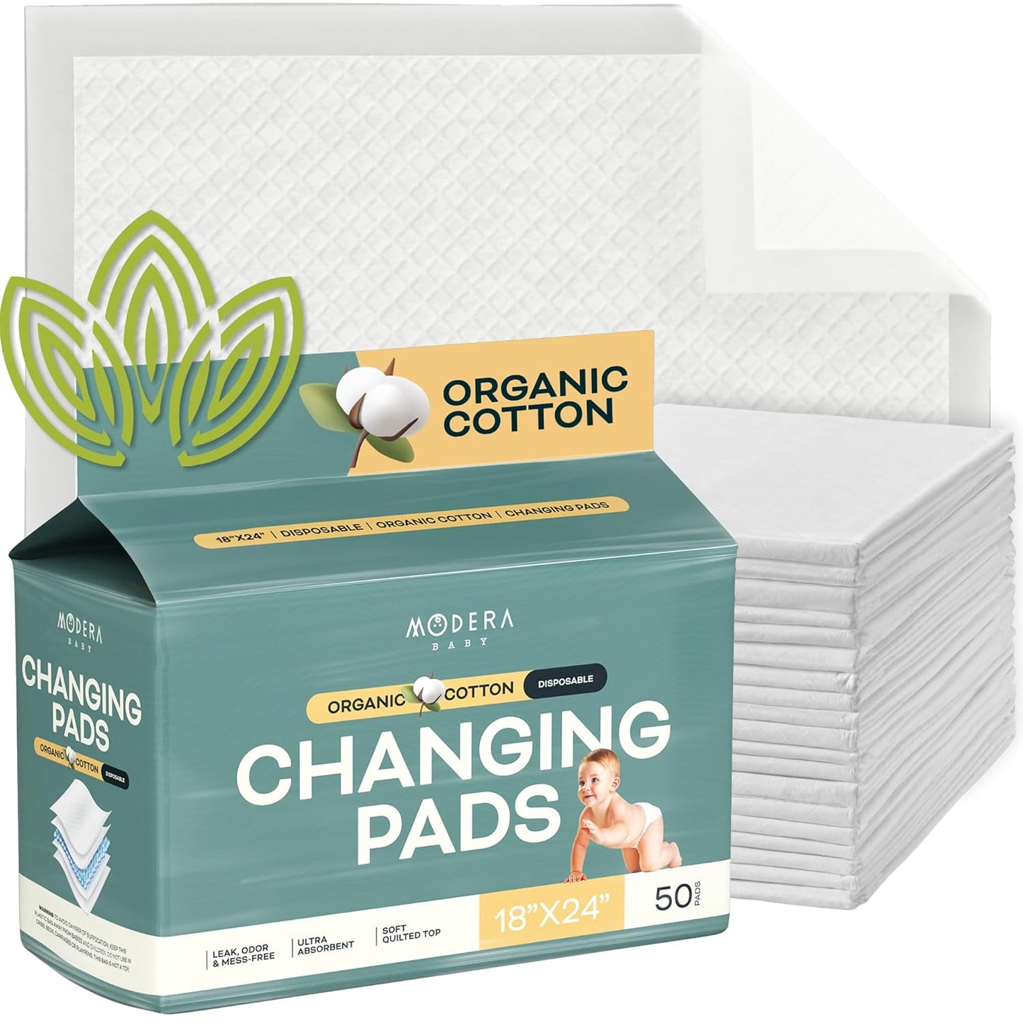 Organic Cotton Disposable Changing Pad Liners | Large 18x24 Hypoallergenic Ultra Absorbent & Waterproof Super Soft, Quilted Underpads for Baby Diaper Table & Travel, Leak Proof & Mess Free [50-Pack]