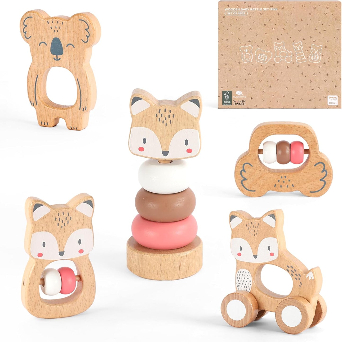 Freniland Wooden Montessori Toys, 5-Piece Wooden Baby Toys, Koala Wooden Baby Rattle, Fox Stacking Ring Baby Toys, Little Fox Wooden Baby Push and Pull Toys,Newborn Baby Gift Sets for Boys and Girls