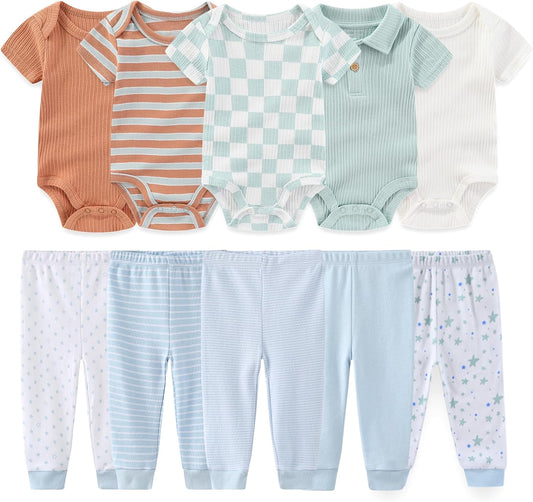 Baby Boy Girl 10 Piece Combined Type Clothing Set Cotton Baby Bodysuits and Pants Set Home Outdoor Infant Clothes