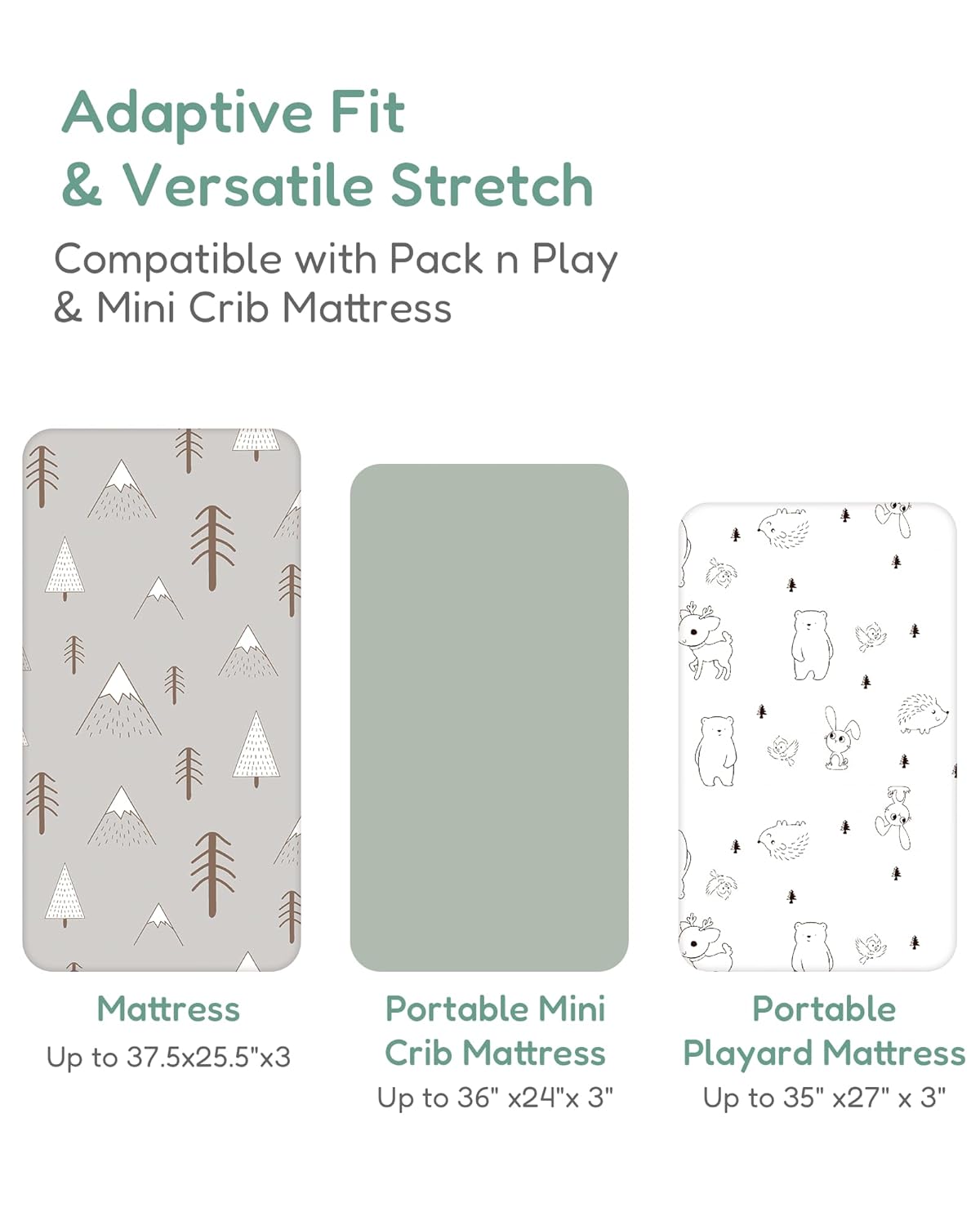 Pack and Play Sheets Fitted, Grey Woodland Animal Design, Ultra Soft, Hypoallergenic, 2 Pack for Baby Boys