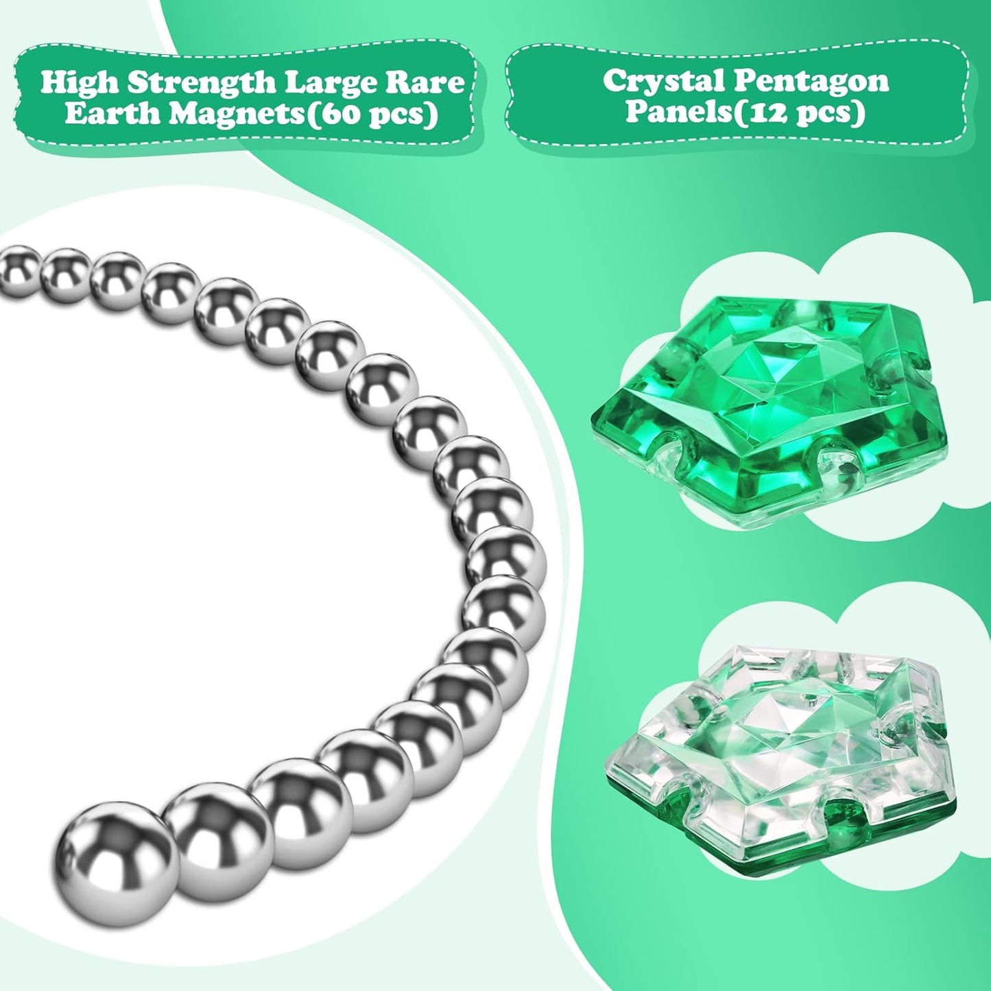 Magnetic Fidget Sphere - Pentagons Magnets Balls - 12 Piece Set - Crystal Green - Magnet Fidgets Toy - Creativity Beyond Imagination, Inspirational, Recreational, Desk Toys for Adults