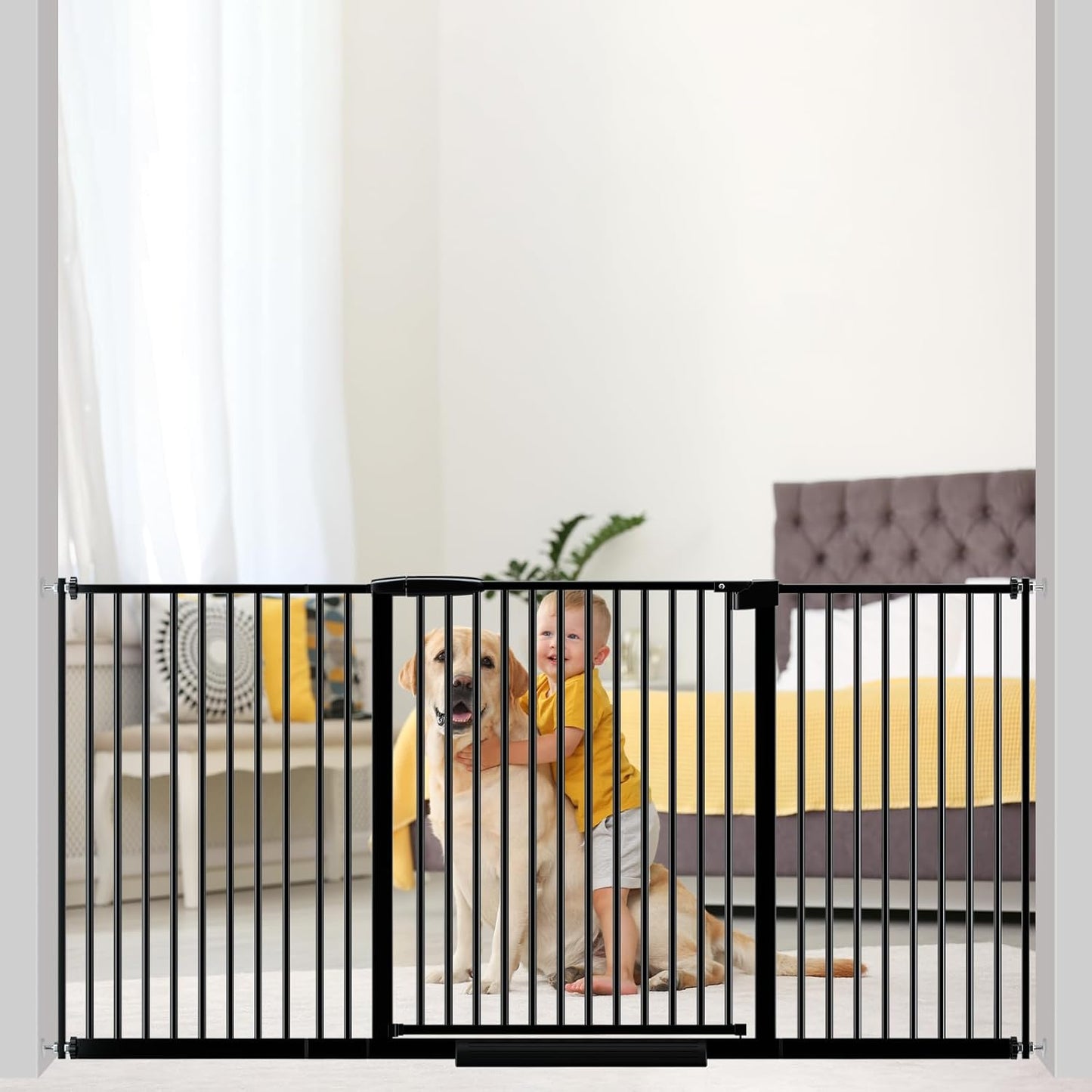 Extra Wide Baby Gate 30.11-77.36",Ultra Narrow 1.37" Spacing Dog Gate indoor,Double Lock Auto Close Pet Gate for House,Pressure Mounted Baby Gate Easy Walk Through Pet Gate for Hallway(Black)