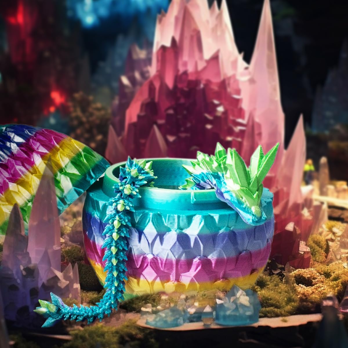 3D Prited Dragon,3D Printed Dragon in Egg, Home Office Decor Executive Desk Toys， Fidget Toys for Adults and Kids (Rainbow)