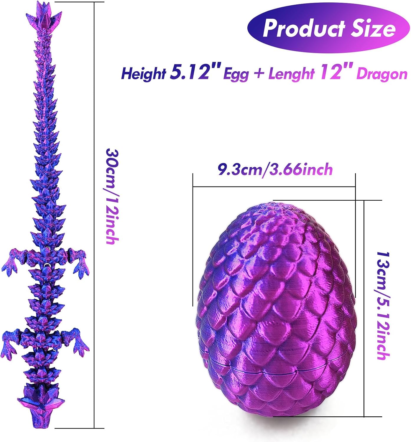 3D Printed Dragon in Egg with Dragon Inside,Dragon Surprise Egg,Flexible Joints Home Office Dragon Decor Executive Desk Toys for Autism/ADHD,Crystal Dragon Eggs Fidget Toy (Laser Purple)