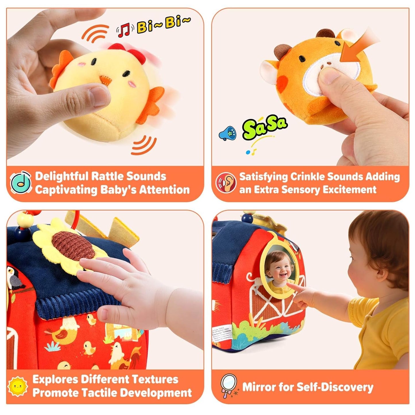 Baby Toys 6-12 Months - Soft Barn Toy with Stuffed Farm Animals, Rattle, Crinkle Paper, Squeaker, Mirror - Sensory Toys for 6+ Month Developmental, Montessori Toys for 1 Year Old Boy Girl Gift