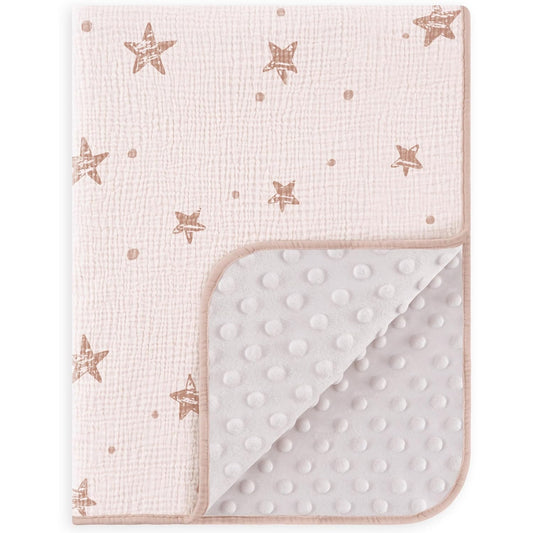 Susurration Baby Blanket for Unisex Boys Girls, Soft Nursery Minky Blanket with Muslin Cotton Front and Dotted Fleece Back, Receiving Blanket for Baby Newborn Infant, 30x40inch (Pink Star)